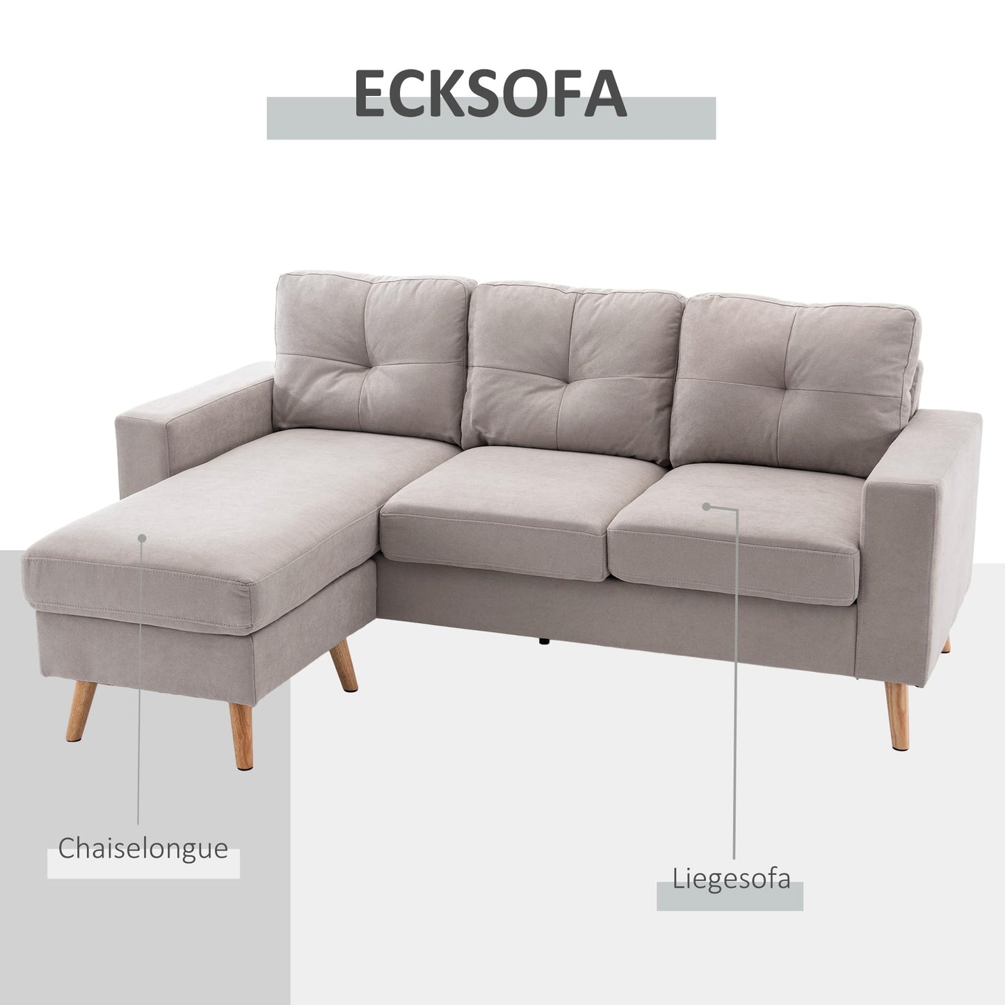 HOMCOM Corner Sofa L-Shaped Sofa with 3 Cushions, Corner Couch with Button Binding, Linen Look, Couch Living Landscape for Living Room, Bedroom, 193 x 136 x 85 cm, Black