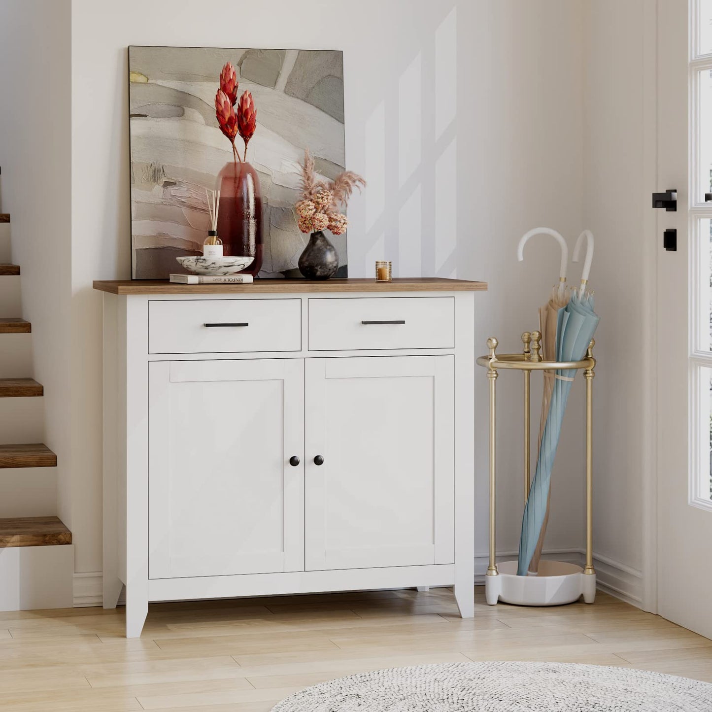 HOCSOK Kitchen Cabinet with Worktop, Sideboard with 2 Drawers and 2 Doors, Buffet Cabinet for Kitchen, Living Room, Dining Room, Hallway, Wood, Country House Style