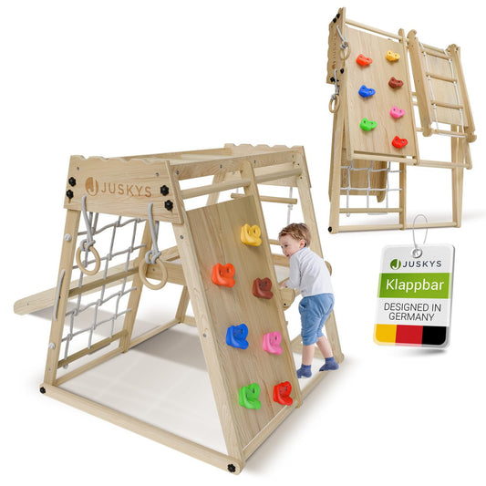 Juskys Mini Climbing Frame for Children - Indoor Playground with Slide, Climbing Wall, Climbing Net & Gymnastics Rings - Wooden Climbing Tower Foldable - Natural