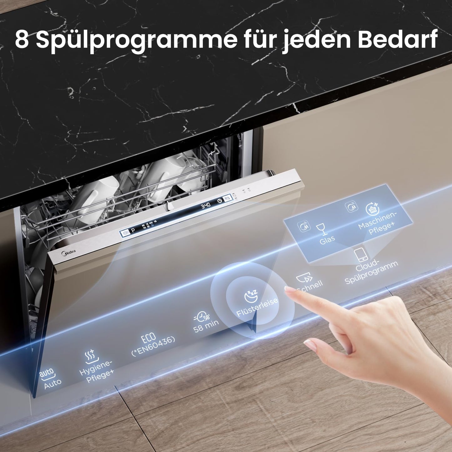 Midea SU 5.35X14CS Dishwasher Base, 14 MGD, Dishwasher 60 cm, Home Connect, Hygiene Care+, Machine Care +, Extra Drying, Half Load, 44 db, Start Delay, Stainless Steel