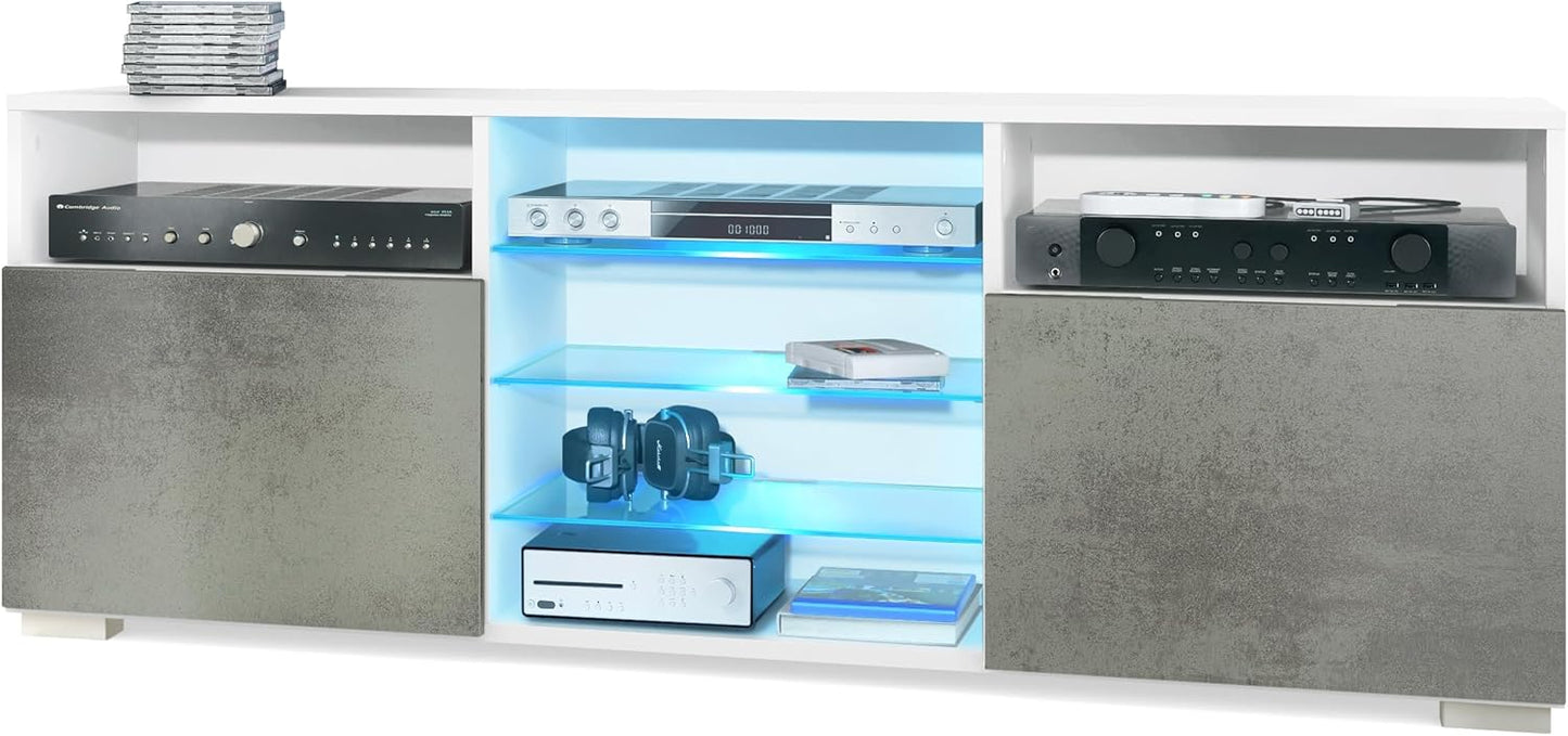 Vladon Granada TV Board Lowboard with 2 Doors and 6 Open Compartments, Matt White Body, Fronts in Sand Grey High Gloss (146 x 54 x 35 cm)