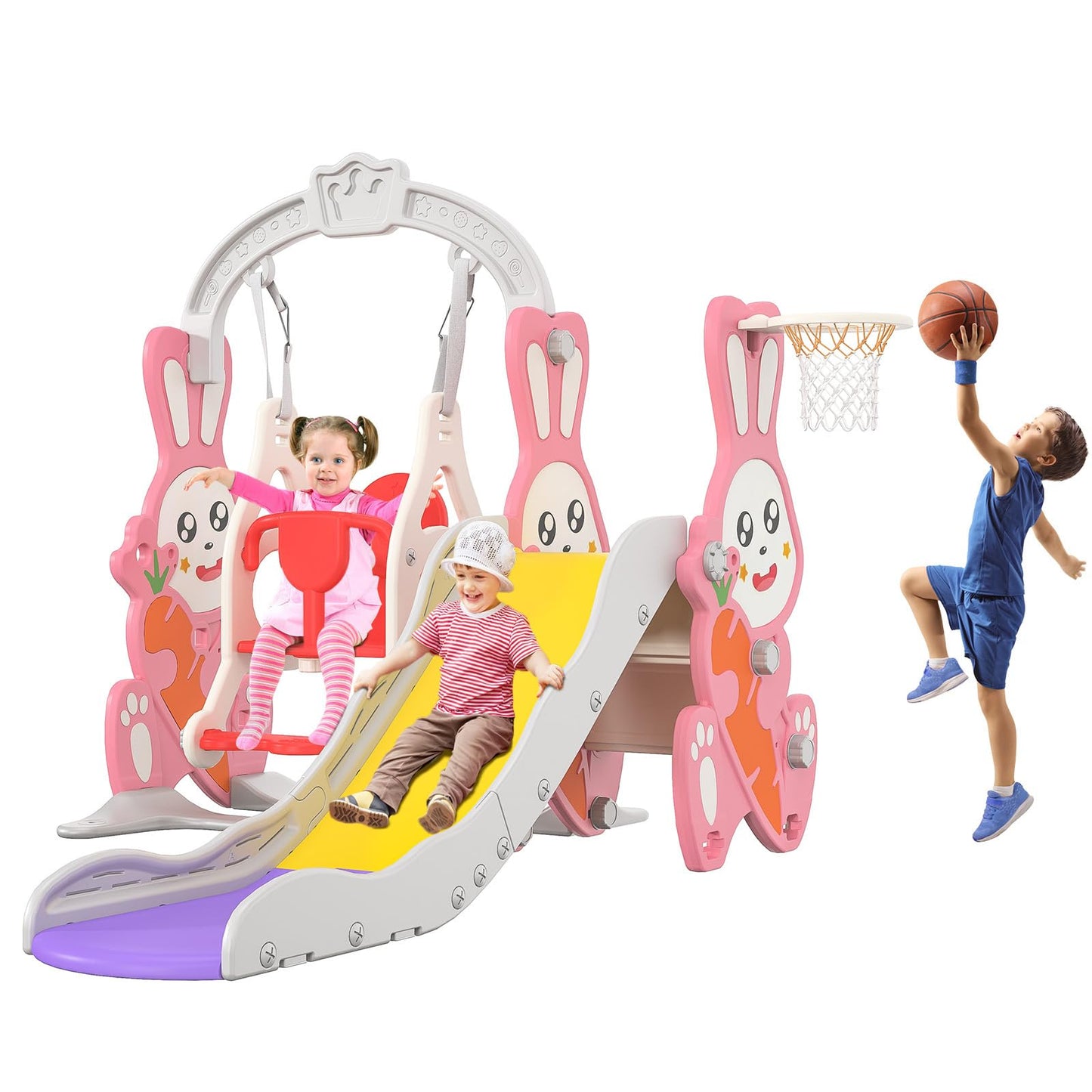 BestAlice 4 in 1 Kinderrutsche Set für Outdoor und Innen, Spielplatz mit Schaukel, Basketballkorb, Kletterleiter, Indoor- und Outdoor-Spielset, 18 Monate + (Blau)