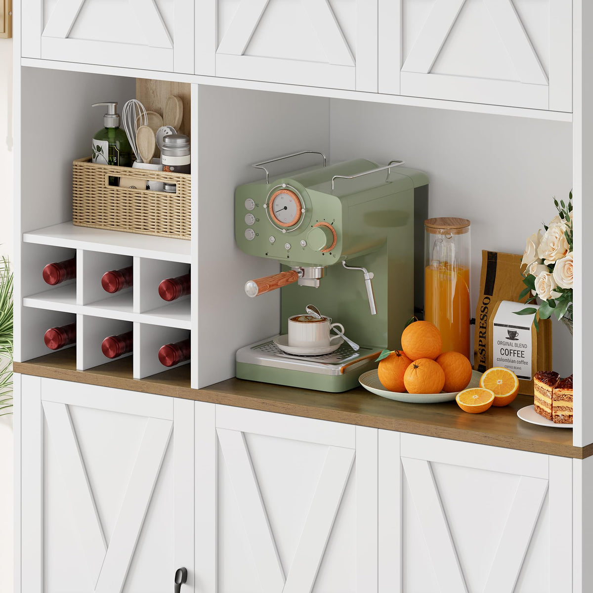 HOCSOK Kitchen Cabinet 106 x 180 cm (W x H), Buffet Cabinet, White, Sideboard with 6 Doors, Removable Bottle Holder and Removable Glass Holder, Storage Cabinet for Kitchen, Living Room, Dining Room