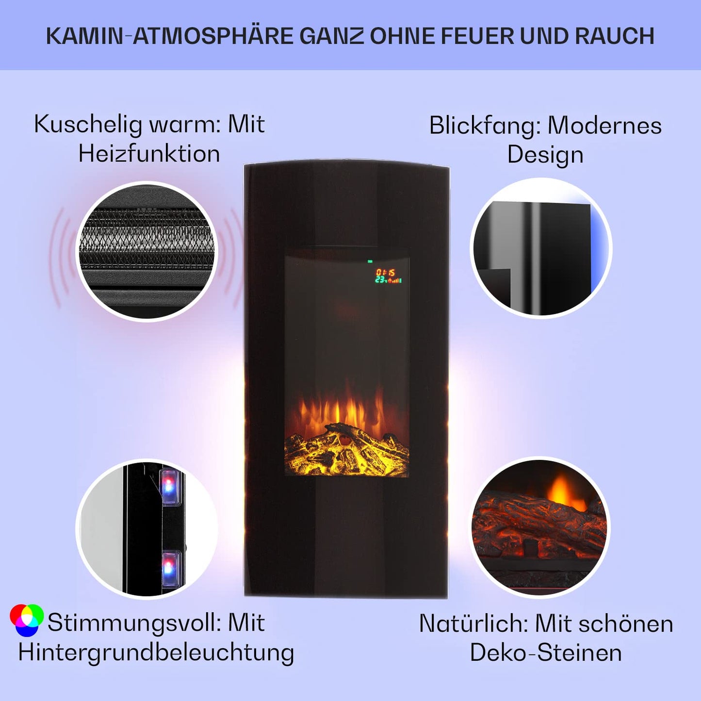 Klarstein Electric Fireplace, Electric Heaters for Living Room and Indoor Spaces, Electric Fireplace with LED Flames, Fireplace for Wall Mounting, Fan Heater with Timer, Adjustable Thermostat, Heating