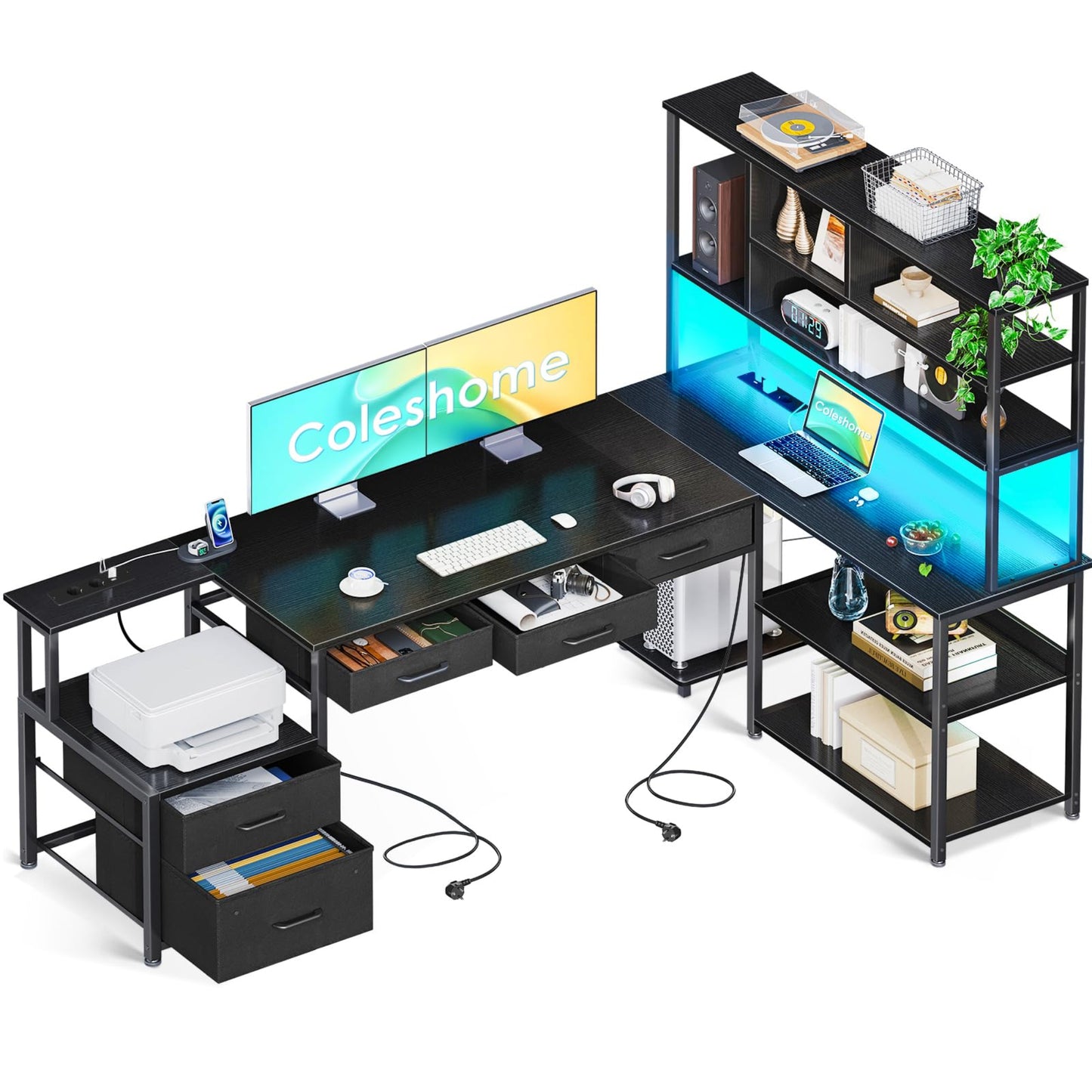 Coleshome Corner Desk with 5 Drawers and 4 Shelves, 200 x 110 cm Desk L-Shape with LED, Sockets & USB, Large Desk for Home Office, Black