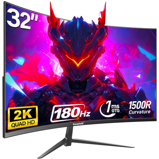 Gawfolk 32 Zoll Gaming Curved Monitor 180Hz, QHD 2560x1440p PC Bildschirm, Rahmenloses 1500R Gebogenes Computerbildschirm, FreeSync, DisplayPort & HDMI, unterstützt VESA 100 * 100mm