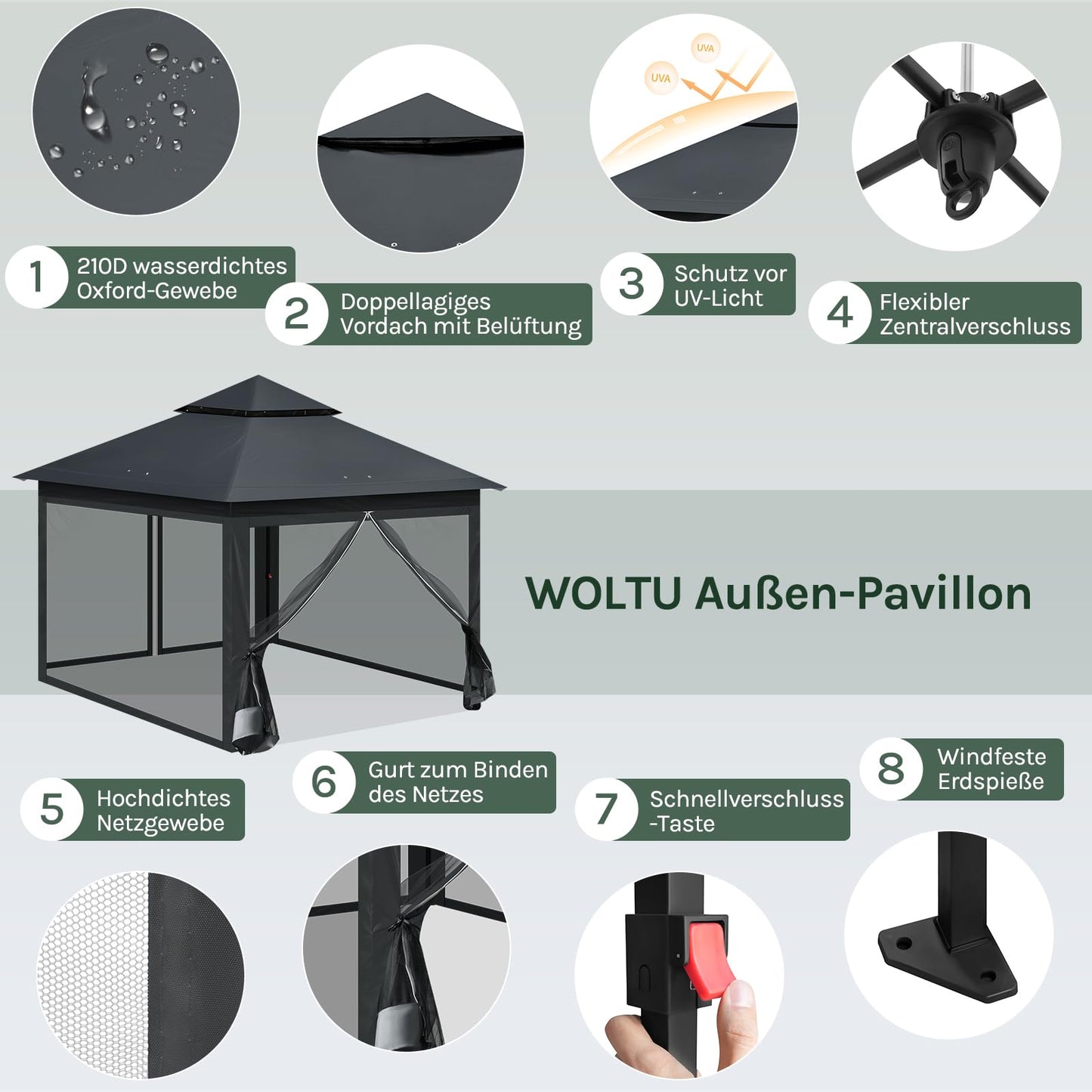 WOLTU Pavillon 3x3 m, Faltpavillon mit Moskitonetz, Partyzelt wasserdicht stabil, höhenverstellbares Partyzelt UV-Schutz, Gartenpavillon mit 4 Seitenteilen, Festzelt mit Tragtasche, Anthrazit