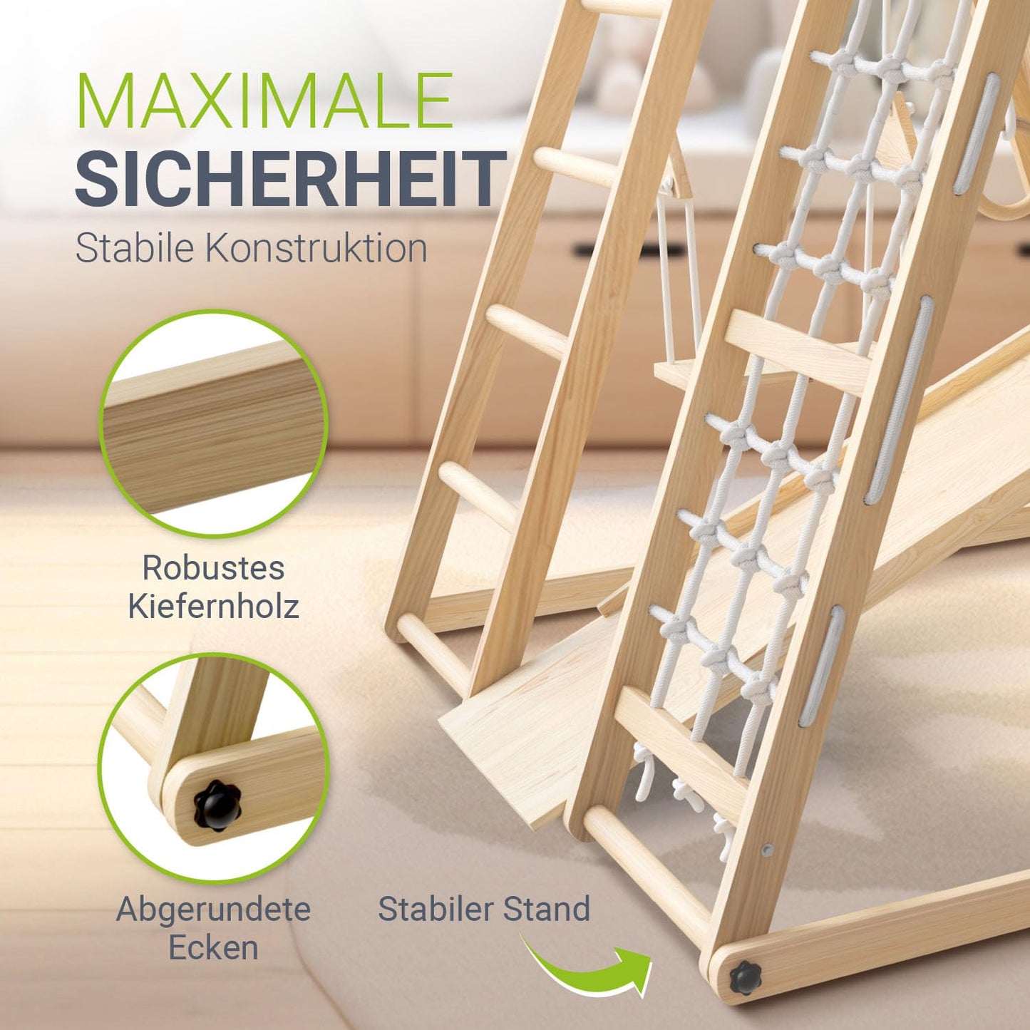 Juskys Mini Climbing Frame for Children - Indoor Playground with Slide, Climbing Wall, Climbing Net & Gymnastics Rings - Wooden Climbing Tower Foldable - Natural