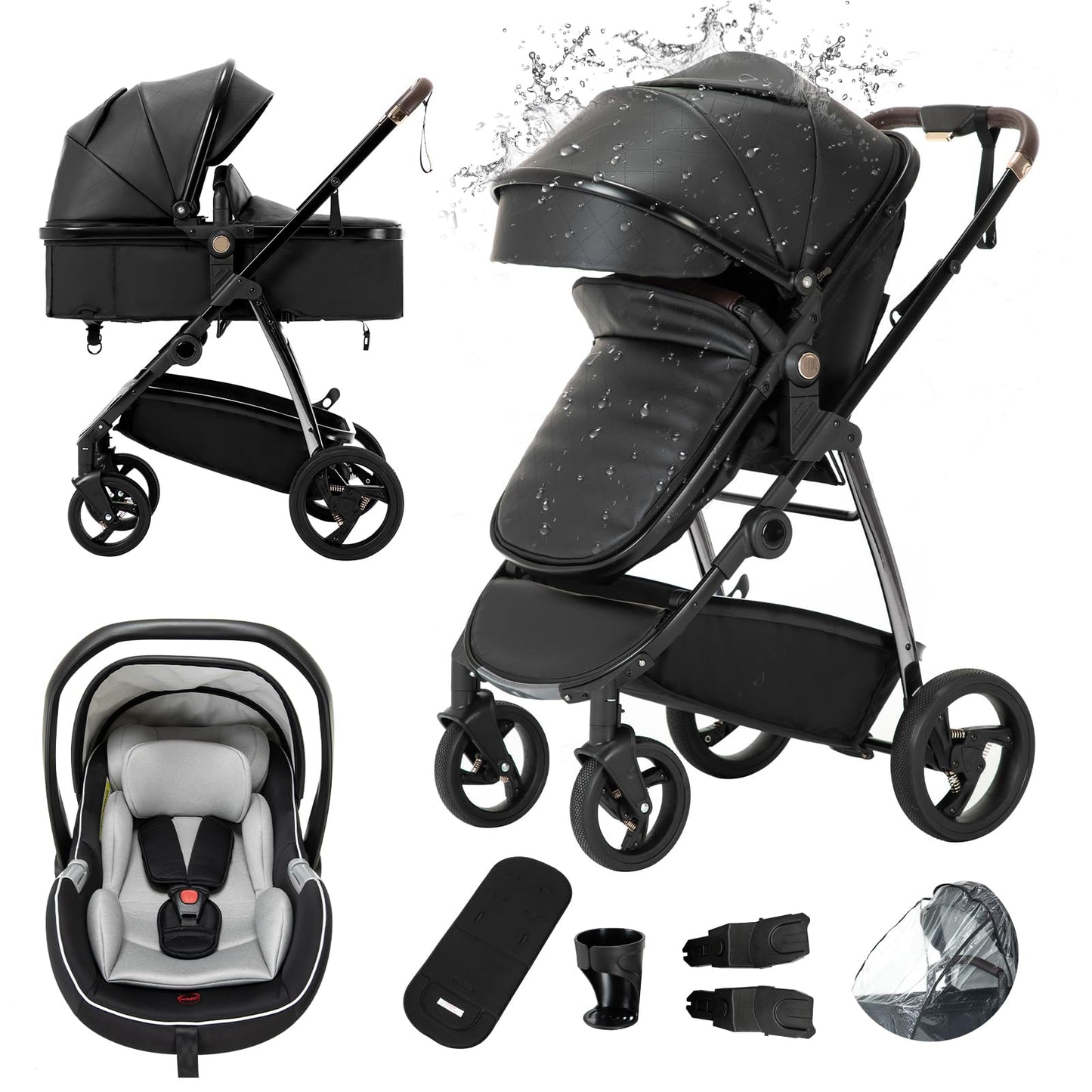Gcarebb PU Leather 3-in-1 Pram, Buggy with Car Baby Seat, Foldable Portable Pushchair Complete Set, Combination Pushchair with Aluminium Frame for Newborns 0-4 Years