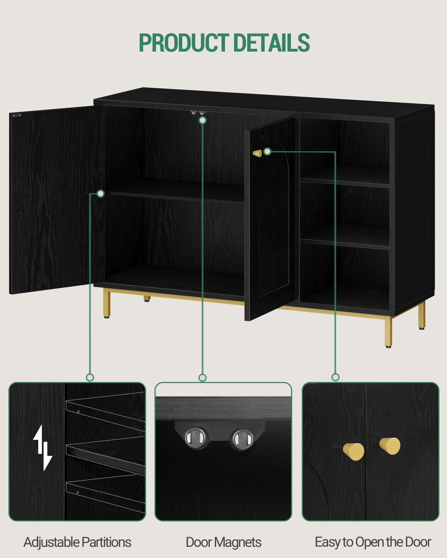 Hzuaneri SC10203G Bathroom Cabinet, Kitchen Cabinet with 2 Doors, Side Cabinet, Sideboard with Open Compartment, Chest of Drawers, Adjustable Shelf, Bathroom, 35 x 100 x 75 cm, White Gold