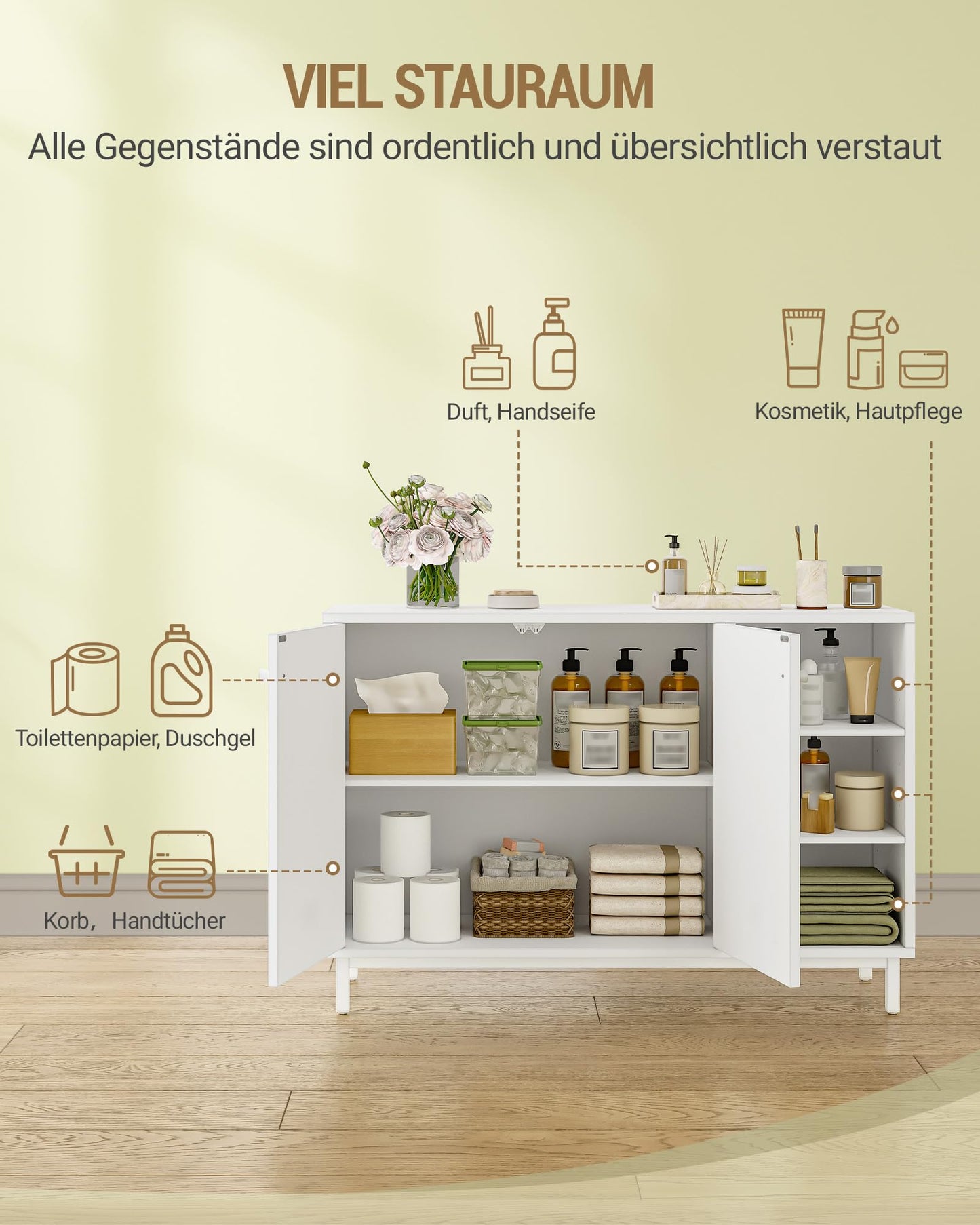 Hzuaneri SC10203G Bathroom Cabinet, Kitchen Cabinet with 2 Doors, Side Cabinet, Sideboard with Open Compartment, Chest of Drawers, Adjustable Shelf, Bathroom, 35 x 100 x 75 cm, White Gold