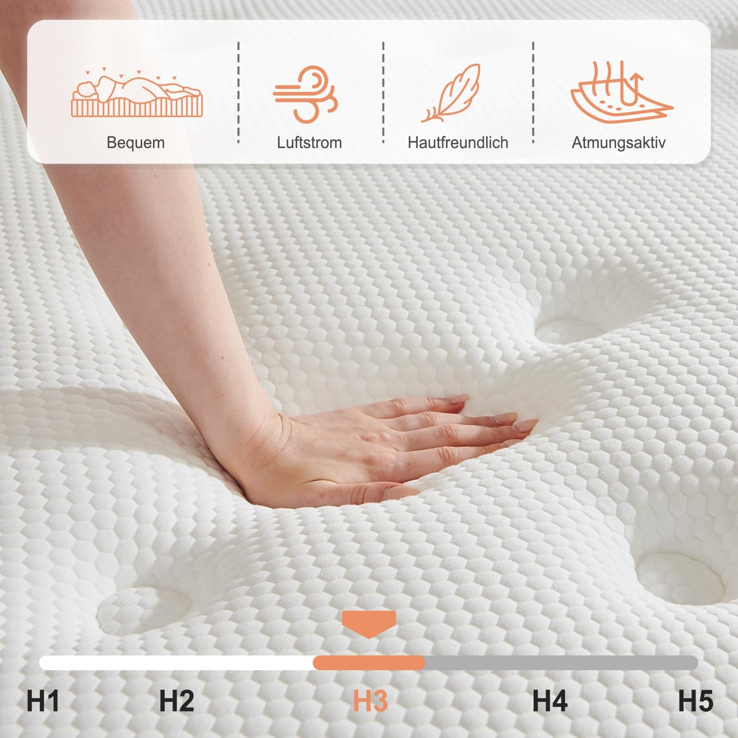 Mattress 180 x 200 cm, Pocket Spring Mattress Hardness H3 Medium Firm, 7-Zone Mattresses with High-Quality Comfort Foam, Back-Relieving, Rolled Mattress Height 25 cm