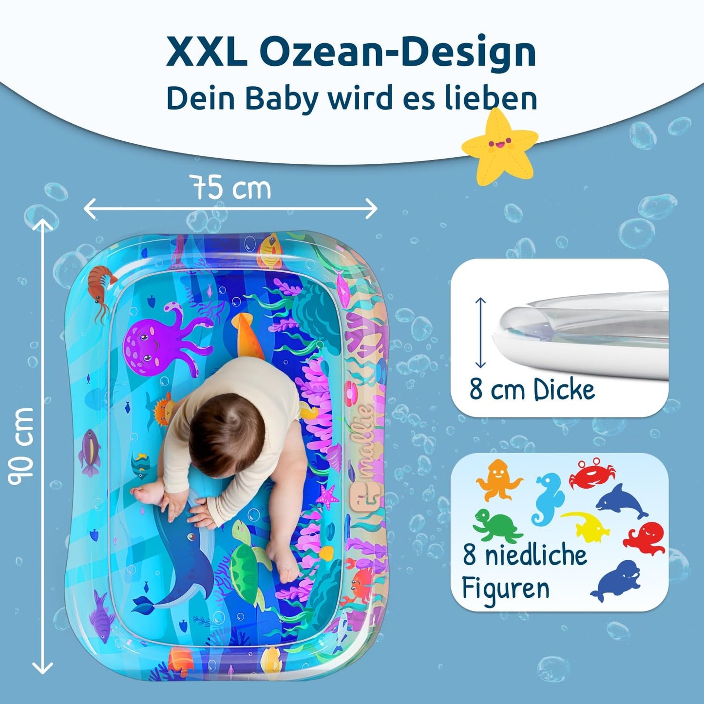 Mallie® Wassermatte Baby 66x50 CM [100% BPA & Schadstoff-Frei] ab 3, 6 und 9 Monate im Ozean Blau Design I Baby Spielzeug, Spielzeug Ab 6 Monate als Wassermatte Baby und Baby Spielzeug 6 Monate