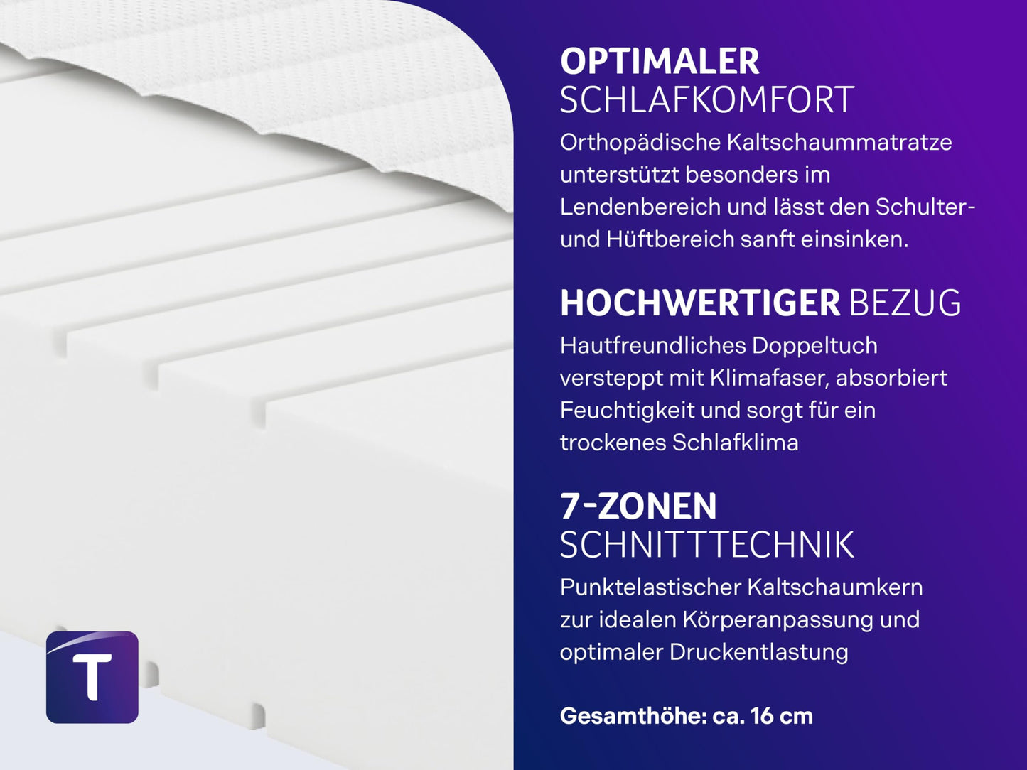 Traumnacht Orthopaedic 7-Zone Cold Foam Mattress, Hardness 3 (H3 - Medium Firm), Oeko-Tex Certified, 140 x 200 cm, Height 16 cm, Produced According to German Quality Standard