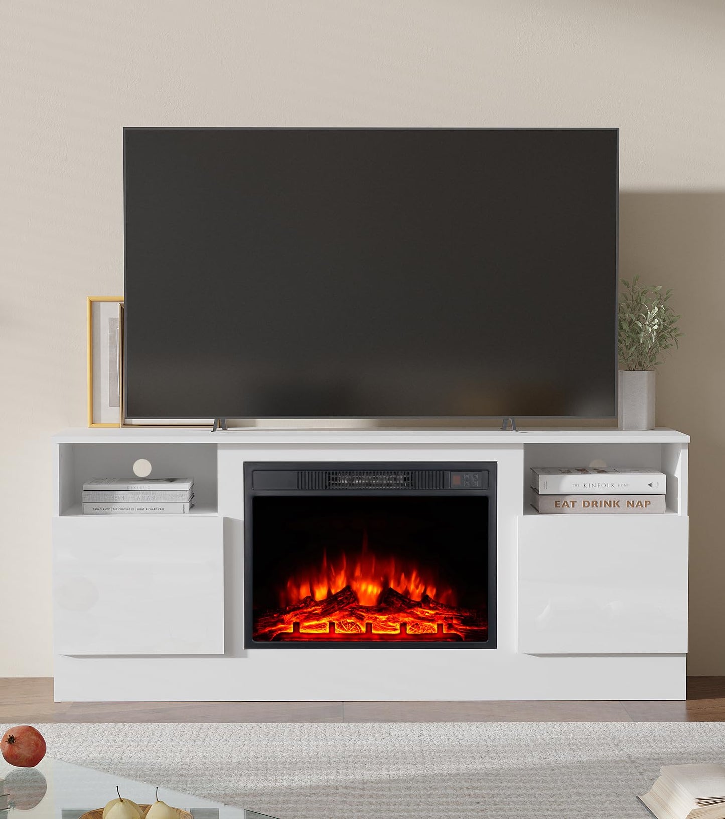 M.C.Haus Electric Fireplace with TV Stand, 58.8 cm Fireplace, for up to 143.9 x 80 cm TV, Modern Wooden Structure Entertainment Centre with LED Light, Highlight Cabinet and Glass Front, 147.3 cm,