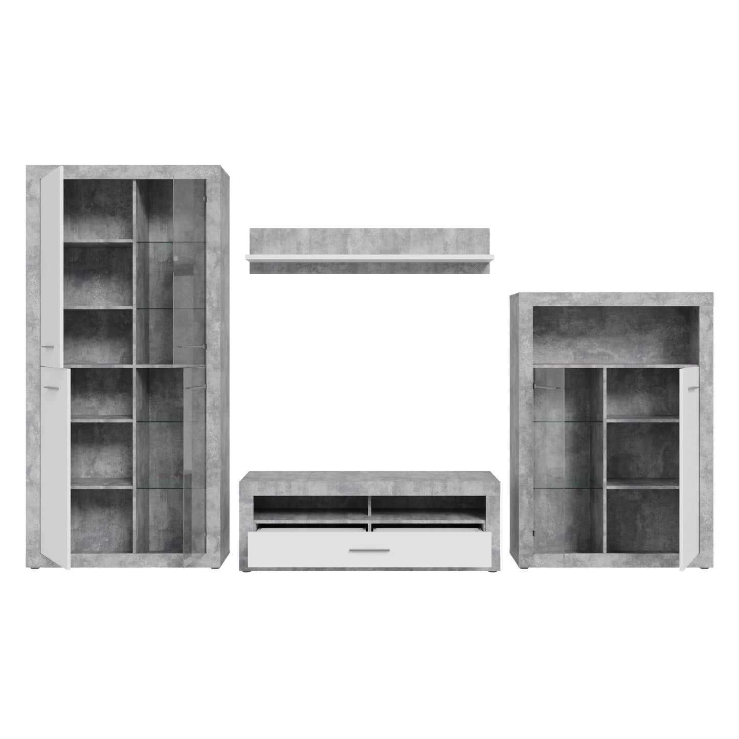 Forte Finley 330 Modern Wall Unit with TV Cabinet, Display Cabinet, Wall Panel and Chest of Drawers, Composite Wood, White with Concrete Look Accents, 328.4 cm Wide x 193.7 cm High x 41 cm Deep