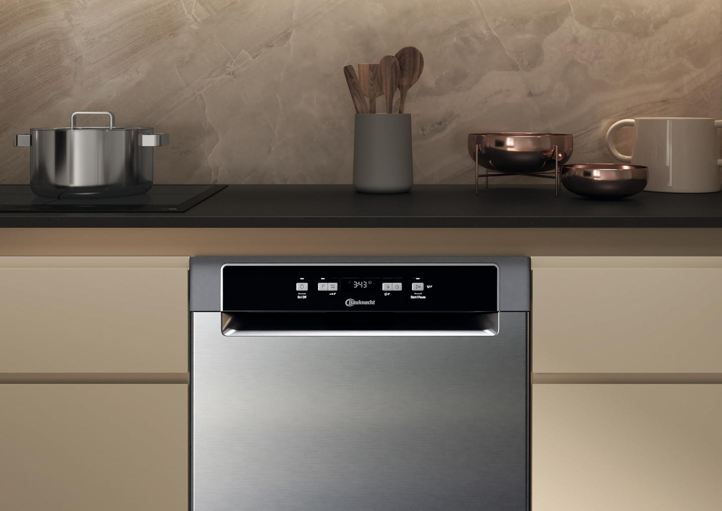 Bauknecht BK4UB14BN7A0X Undermount Dishwasher, 60 cm, ActiveDry Automatic Door Opening System, Delay Start, MultiZone, Separate Top or Bottom Basket Sink, Cutlery Drawer, Flexible Loading
