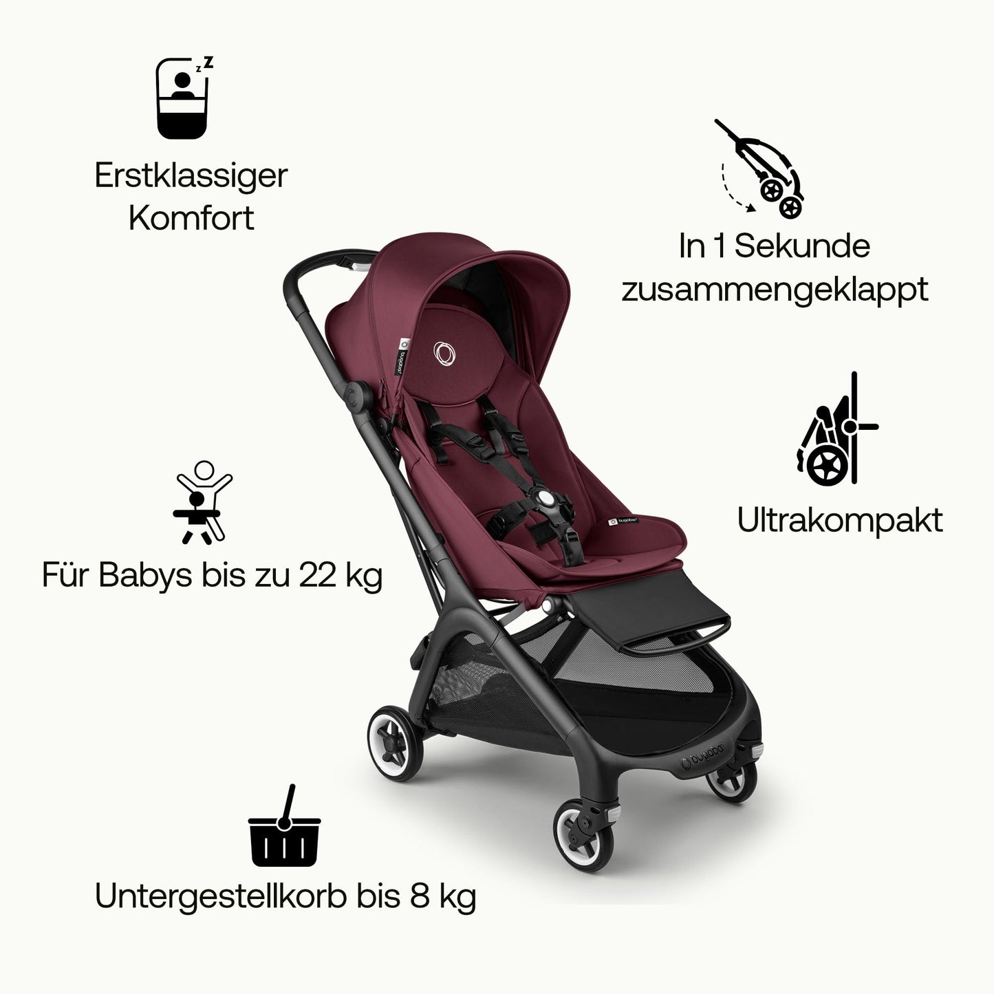 Bugaboo Butterfly Ultra Compact Travel Stroller, Small & Lightweight, One-Handed Foldable and Easy to Steer, Ergonomic City Pram for Babies from 6 Months, with Large Storage Space, Dark Cherry