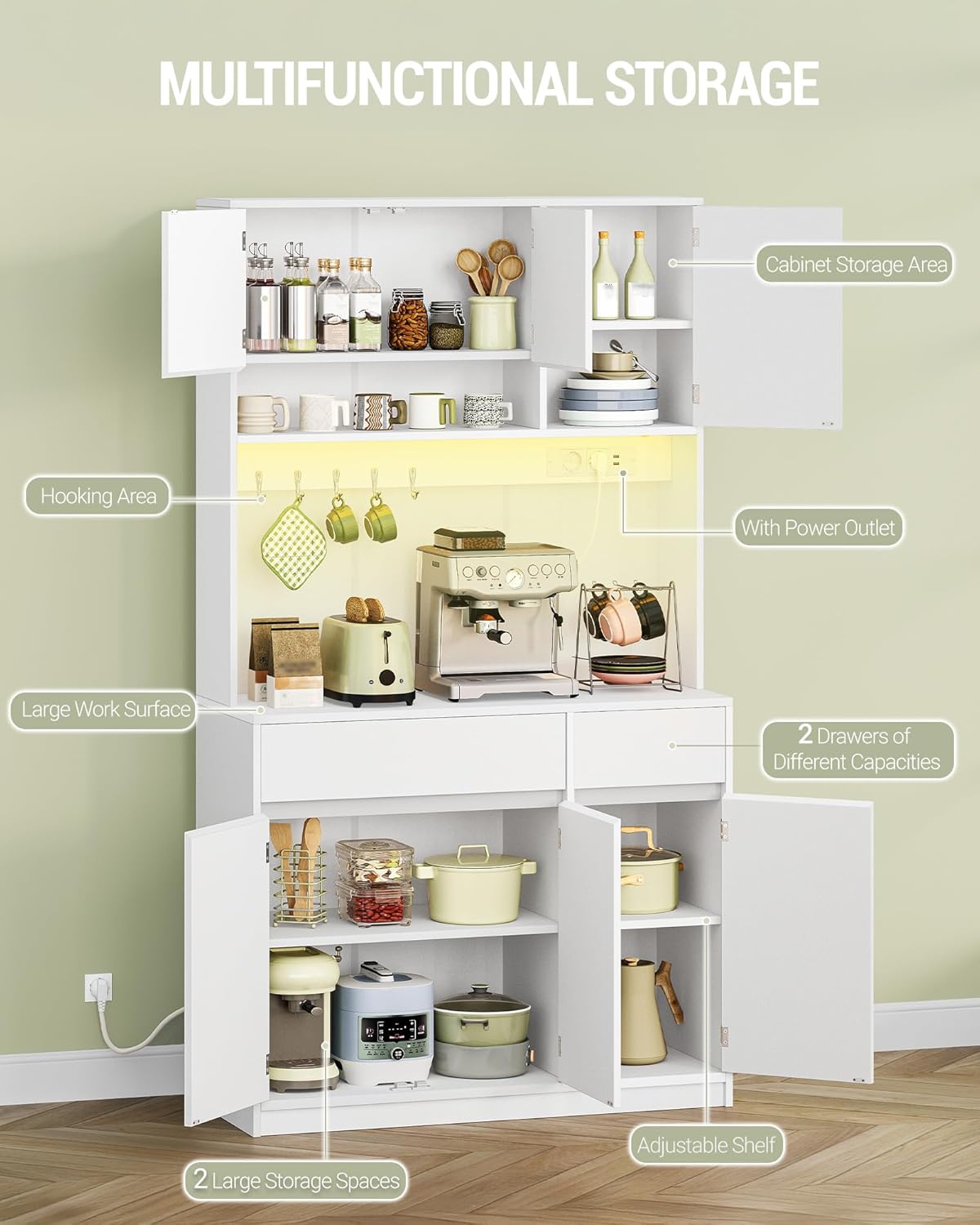 Hzuaneri PT00203XEU Kitchen Cabinet, Buffet Cabinet, Tall Cabinet with Sockets and LED Light Strips, with Worktops and Two Drawers, Adjustable Shelves, Kitchen, 40 x 100 x 180 cm, White
