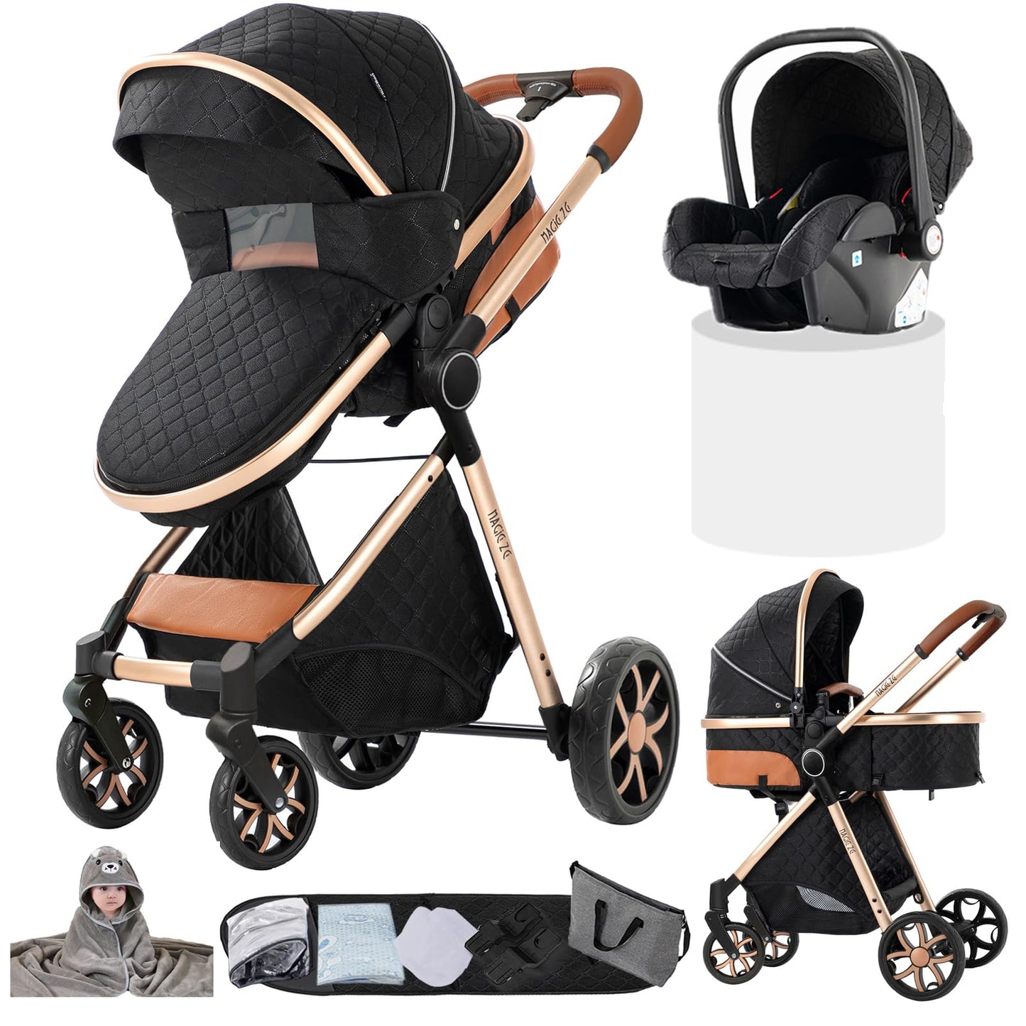 Doraystar 360° Rotation PU Leather Pushchair 3-in-1 Combination Pushchair 3-in-1 with Two Reversible Sliding Modes, Pushchair Complete Set with One-Click Folding Design, Aluminium Alloy Frame (906
