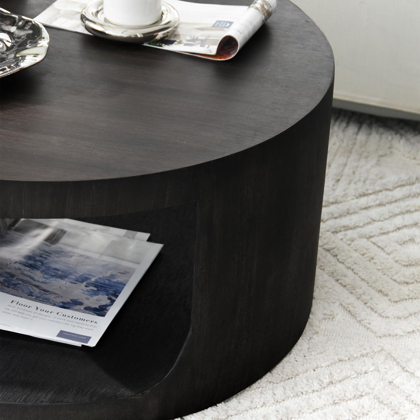 Round Wooden Coffee Table, Living Room Table with Large Storage Space, Coffee Table No Assembly Required, Modern Sofa Table for Living Room, Bedroom, Diameter 80 x 36 cm, Coffee Table (Black)