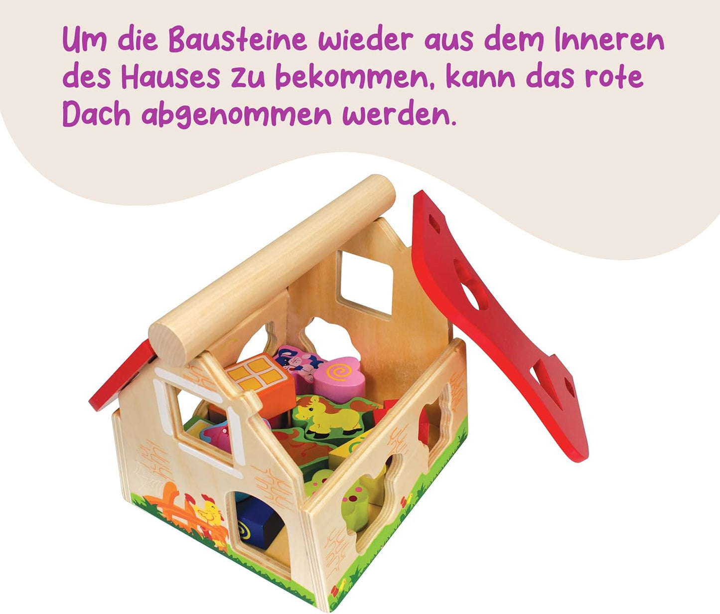 Eichhorn Wooden Pine House 15 Piece House with 12 Push-through Shape Blocks, Motor Skills Toy for Children 1 Year and Above Size: 18 x 17.5 x 18 cm.