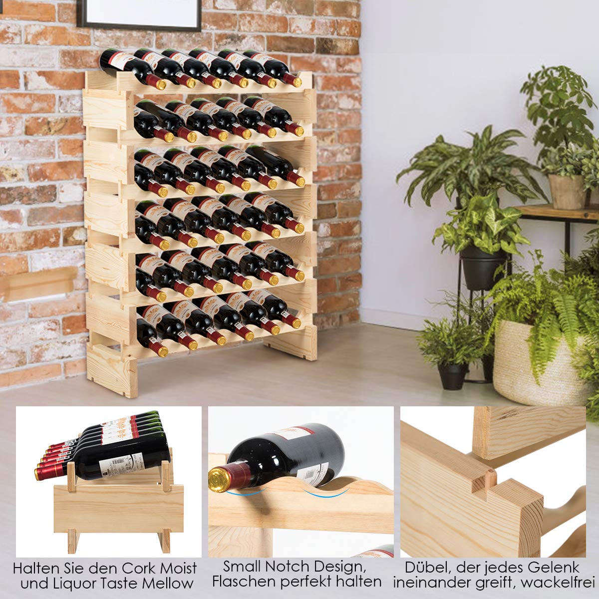 COSTWAY Wine Rack Wood Stackable Bottle Rack for 72 Bottles, Wine Rack with 6 Levels, Wooden Shelf, Bottle Stand for Kitchen, Dining Room, Bar, Basement, 119 x 29 x 72 cm