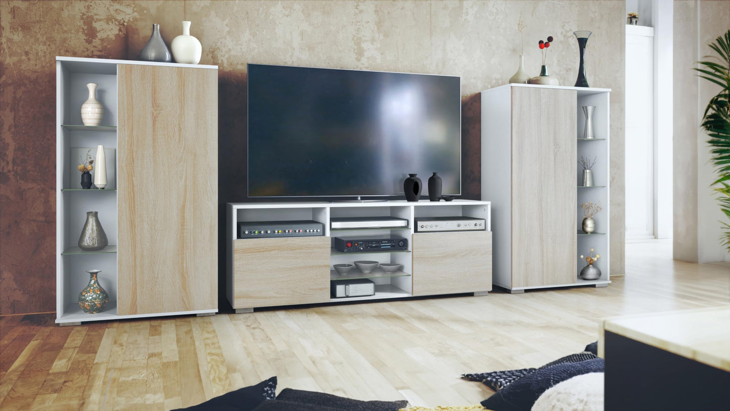 Vladon Davos Wall Unit with 2 Display Cabinets and 1 TV Board, Matte White / High Gloss White (329 x 134 x 35 cm)