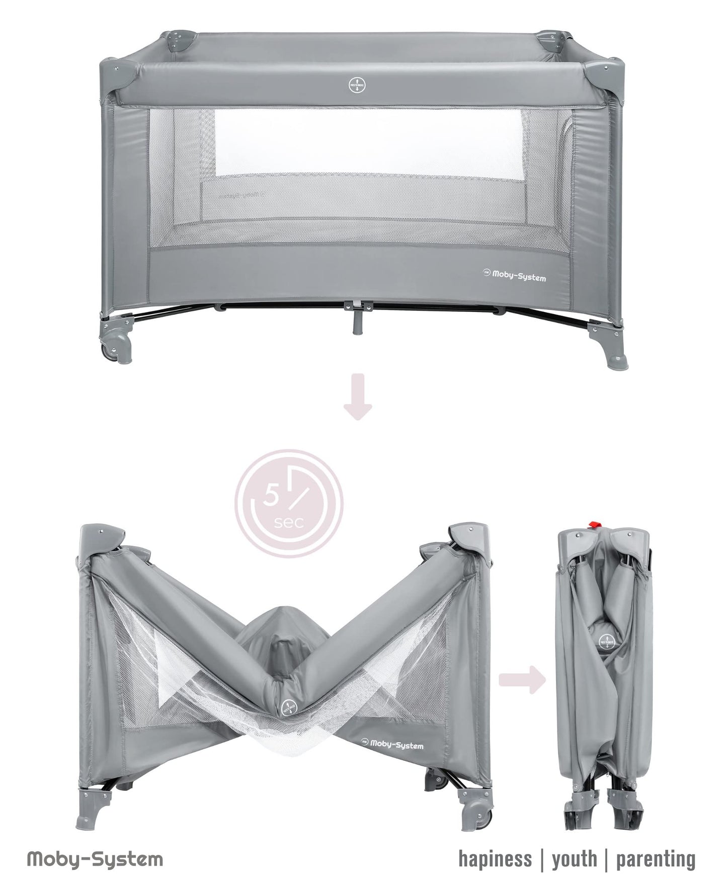 Moby-System Baby Travel Cot 128 x 68 cm - Foldable Children's Travel Bed with Mattress & Carry Bag - Playpen with Side Exit - for Babies up to 15 kg - Grey