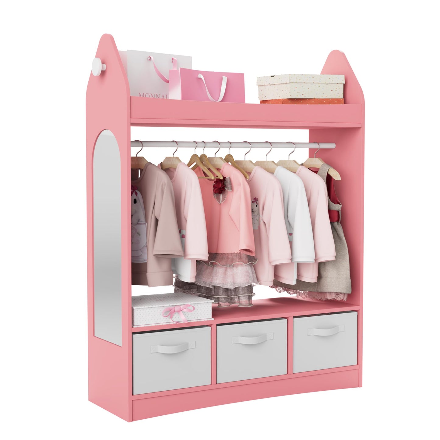 Children's Clothes Rack with Mirror, Clothes Rail with Shelves, Children's Wardrobe Wood, Children's Shelf for Children's Room, 81 x 28 x 106.5 cm (Clouds with 2 Drawers, White)