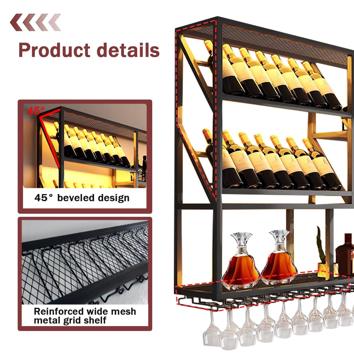 TAUODUYY 180 cm Large Industrial Wall Mounted Wine Rack, 3 Tier Wine Display with Glass Holder, Modern Black Metal Wine Rack Wall, for Home Kitchen/Wine Cellar/Bar Cafe (180 cm)
