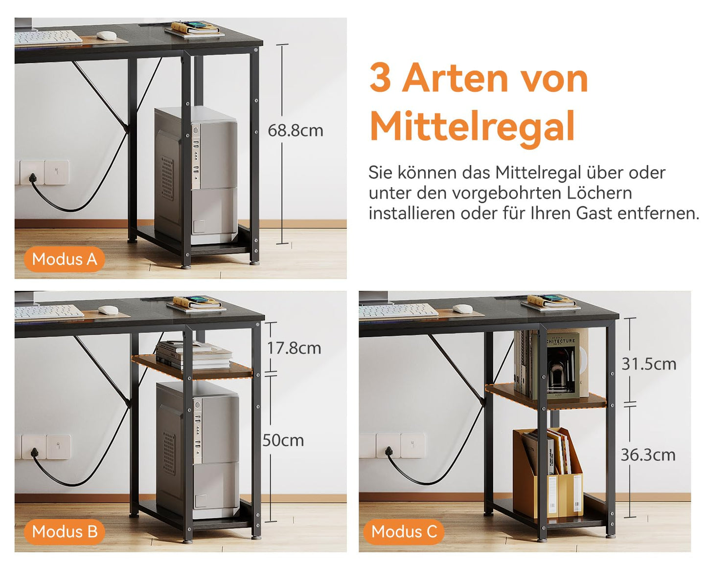 Coleshome Fabric Desk with 3 Drawers, 130 x 48 cm Computer Desk with 2 Sockets and 2 USB Charging Ports, PC Table with Shelf, Reversible Office Table for Office, Living Room, White