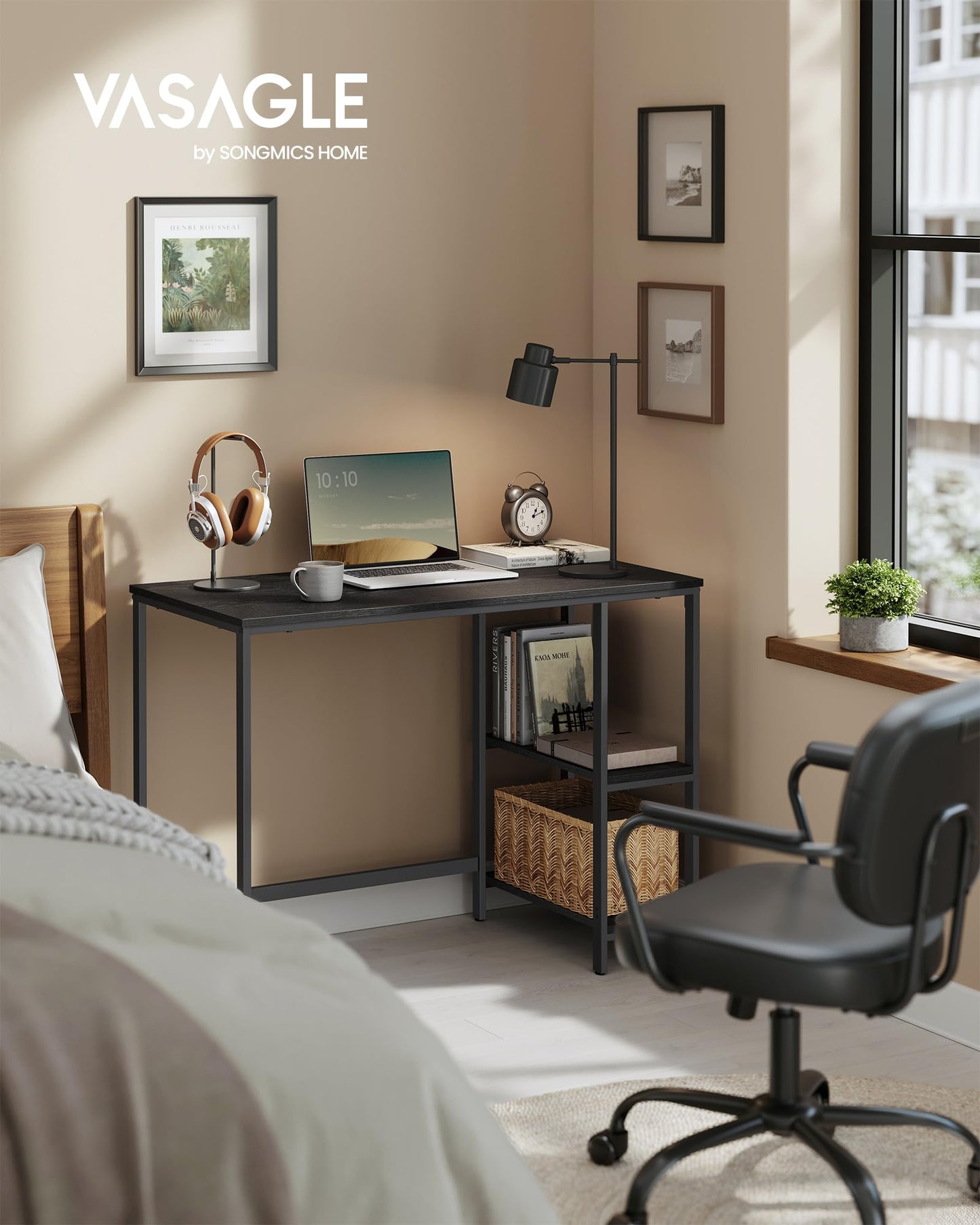 VASAGLE LWD55X Desk Computer Desk PC Desk Office Table with 2 Shelves on Right or Left Side for Office Living Room Steel Frame Industrial Design Vintage Brown/Black