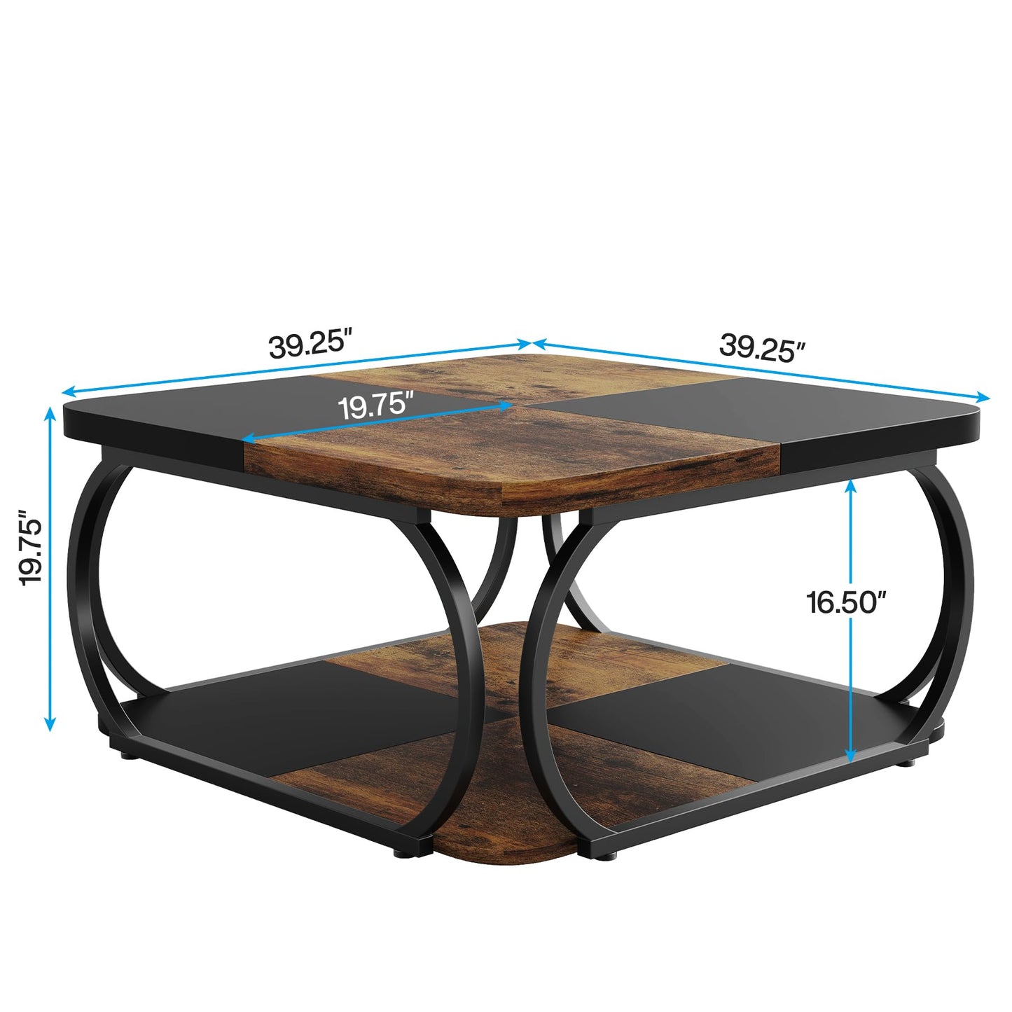 Tribesigns Square Coffee Table for Living Room, 100 x 100 x 50 cm, Wood Composite Coffee Table, Low Living Room Table for Modern Living Room, Rustic Brown, Black