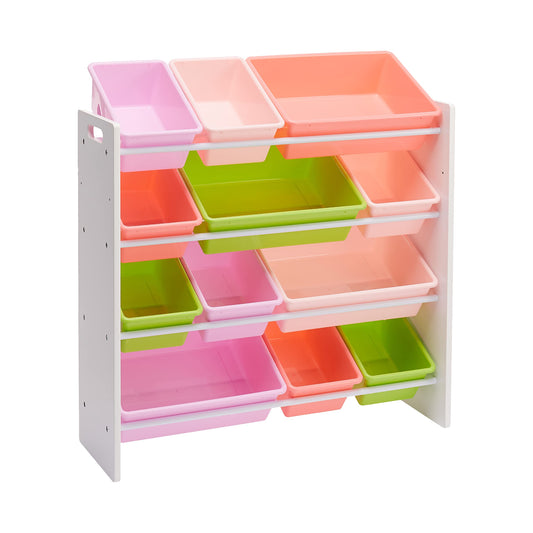 Amazon Basics Kids Toy Storage Toy Organiser with 12 Plastic Containers, White Wood with Pink Containers, 27.7 x 85.3 x 79 cm