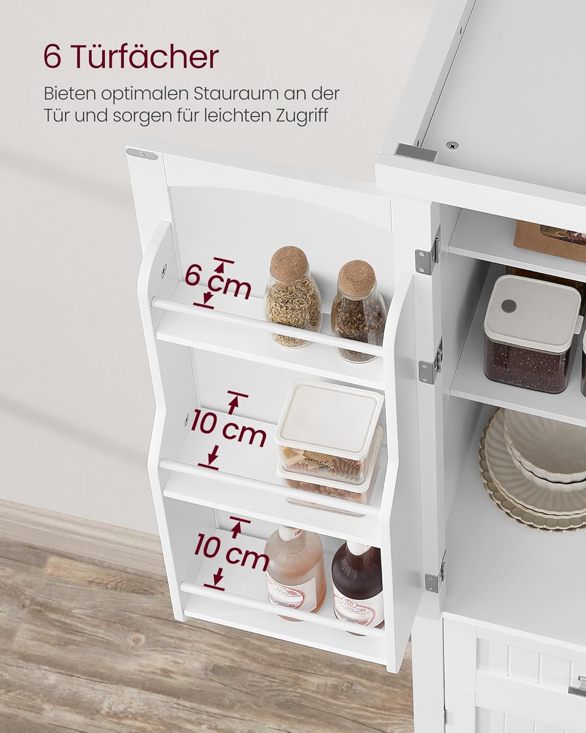 VASAGLE BBC561W21 Kitchen Cabinet, Tall Cabinet Kitchen Buffet Cabinet with Adjustable Shelves, Dining Room Cabinet with Drawers for Living Room Kitchen, 40 x 76 x 182.1 cm, White