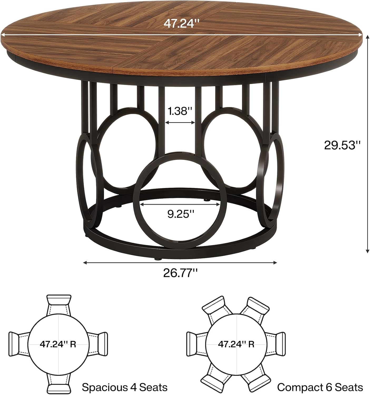 Tribesigns Round Dining Table 47 Inch Wooden Kitchen Table with Sturdy Metal Base for 4-6 People Large Round Dining Table for Dining Room Kitchen Living Room (Brown & Black, Desk Only)