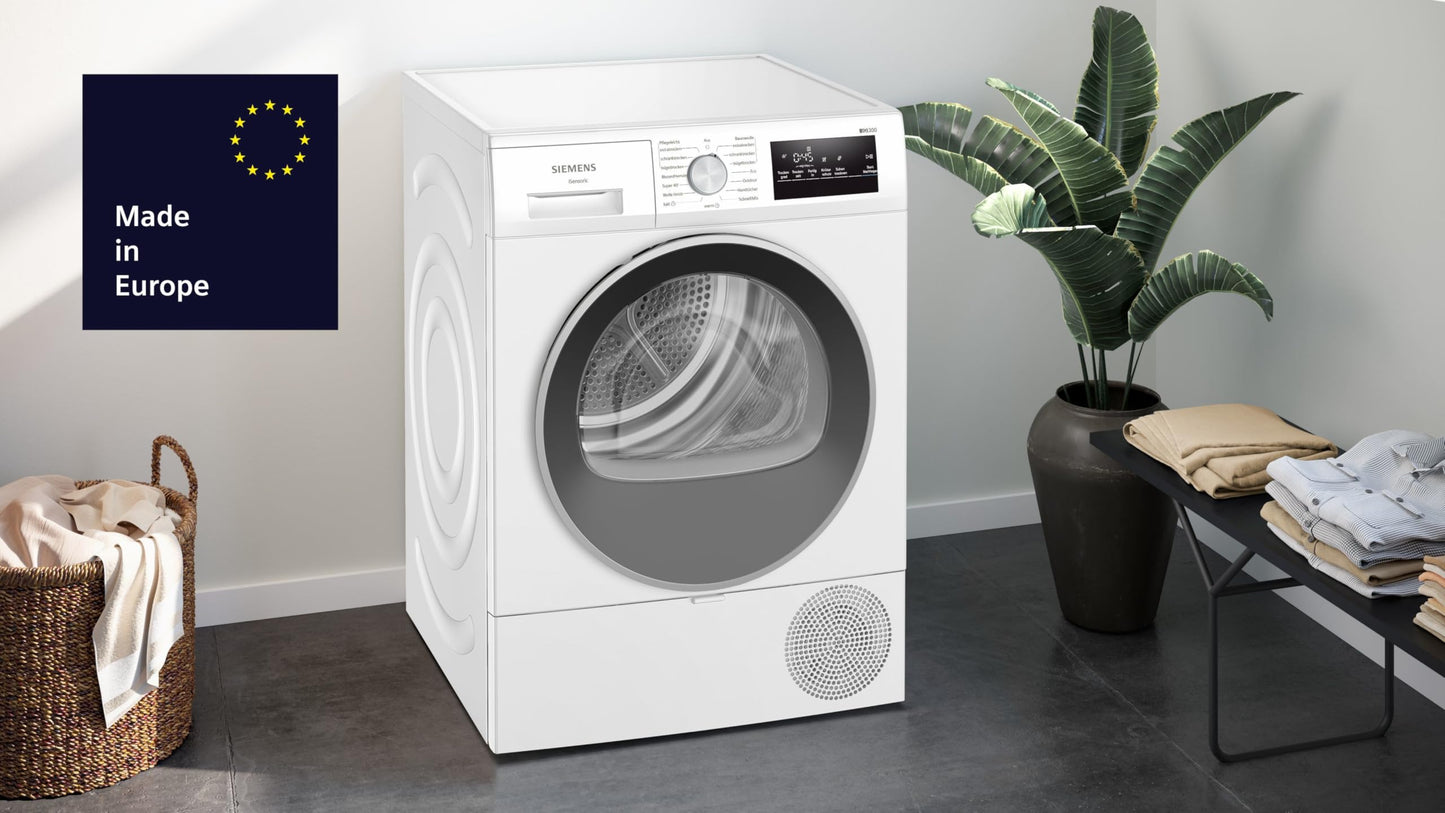 Siemens WT45HV0EM iQ300 Heat Pump Dryer, 8 kg, autoDry, super40 Programme, 63 dB, Touch LED Display, SoftDry, Outdoor Program, EasyClean Filter, Child Lock, White