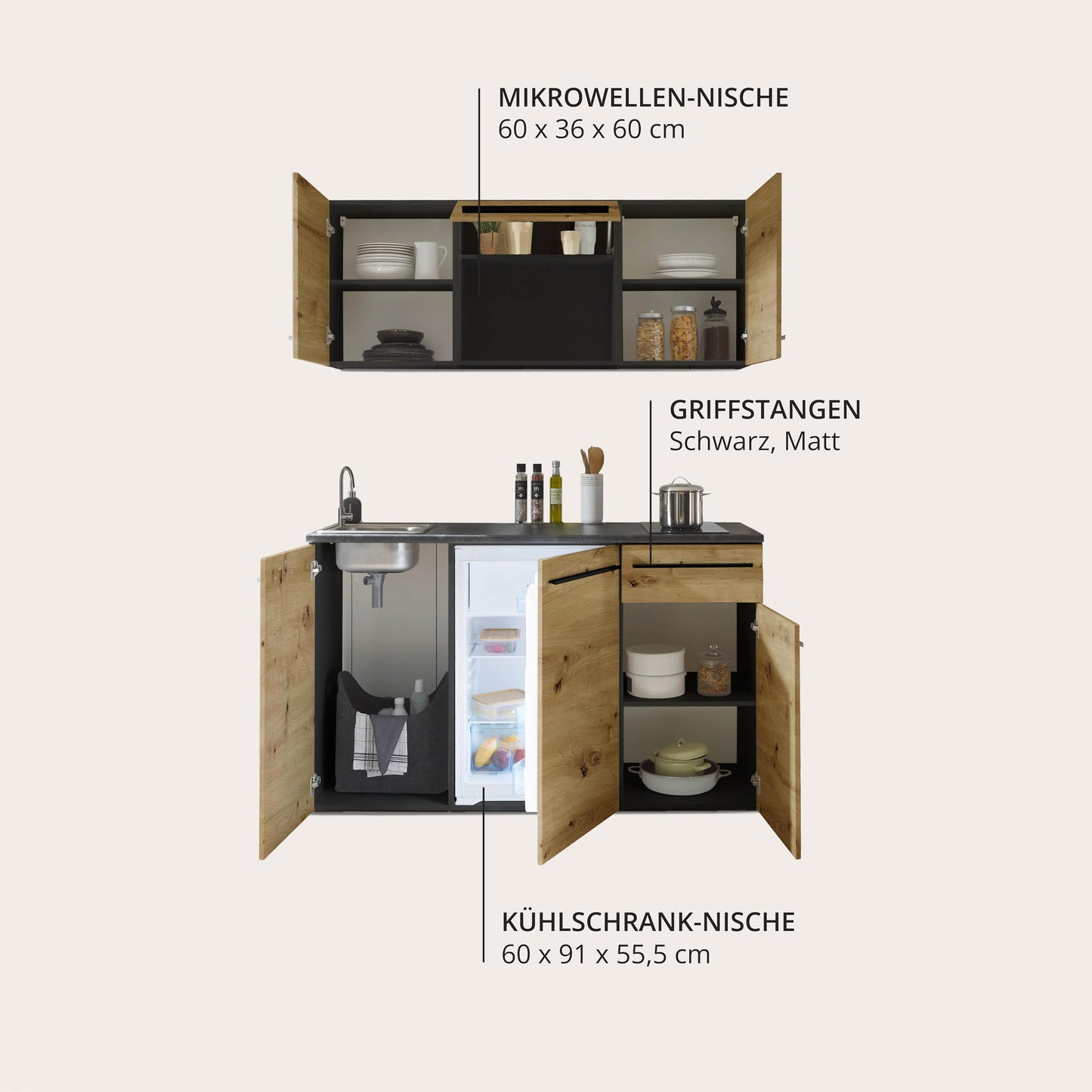 Jazz 84-240-Y6 Single Kitchen Unit Black / Artisan Oak Approx. 160 x 212 x 60 cm