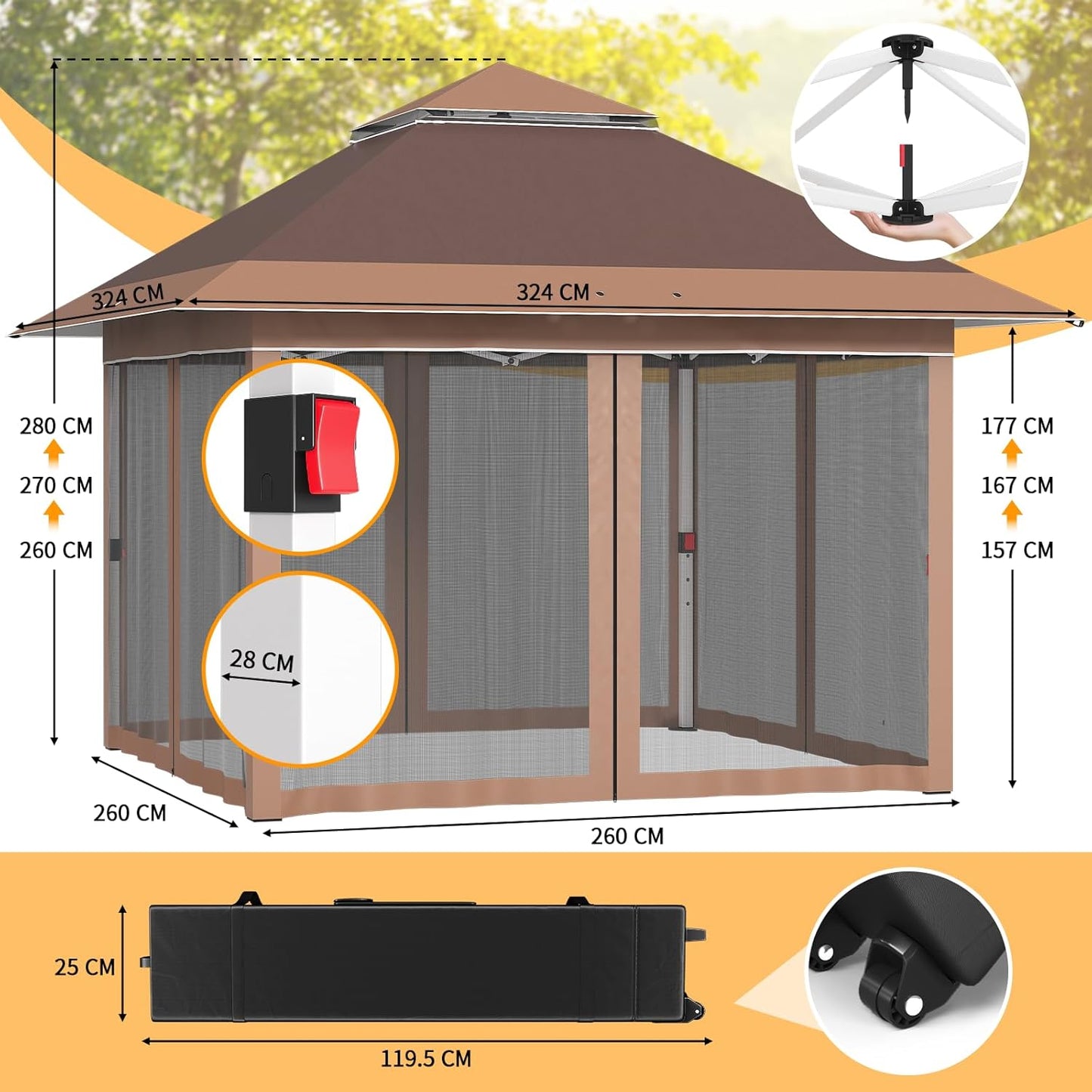 JUMMICO Pop Up Gazebo 3.24 x 3.24 Waterproof Stable Winterproof with 4 Mosquito Net Side Panels Folding Gazebo UV Protection 50+ Double Roof Gazebo for Patio Family Reunions, Brown