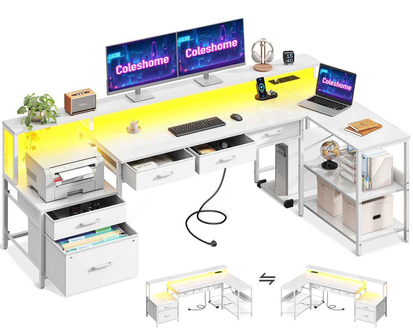 Coleshome L Shape Desk with Drawers, 195 x 100 cm Gaming Table with Socket, LED & Monitor Stand, Reversible Corner Desk with Storage Space, Computer Desk with Shelf for Office, Black