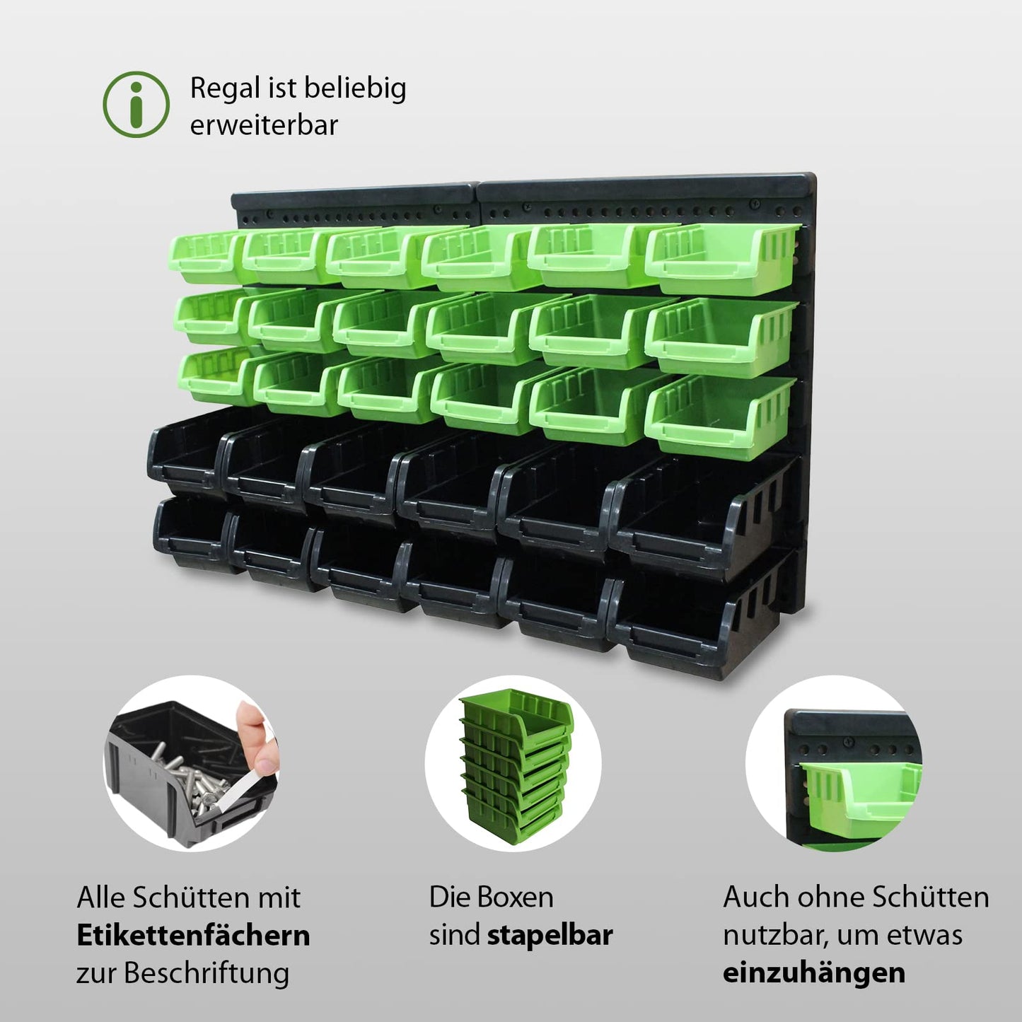 TRUTZHOLM Stacking Boxes with Wall Shelf, 32 Pieces, Small Parts Magazine, Storage Shelf, Assortment Box, Boltless Shelf, Sorting Boxes, Pours with Label Compartment (Red)