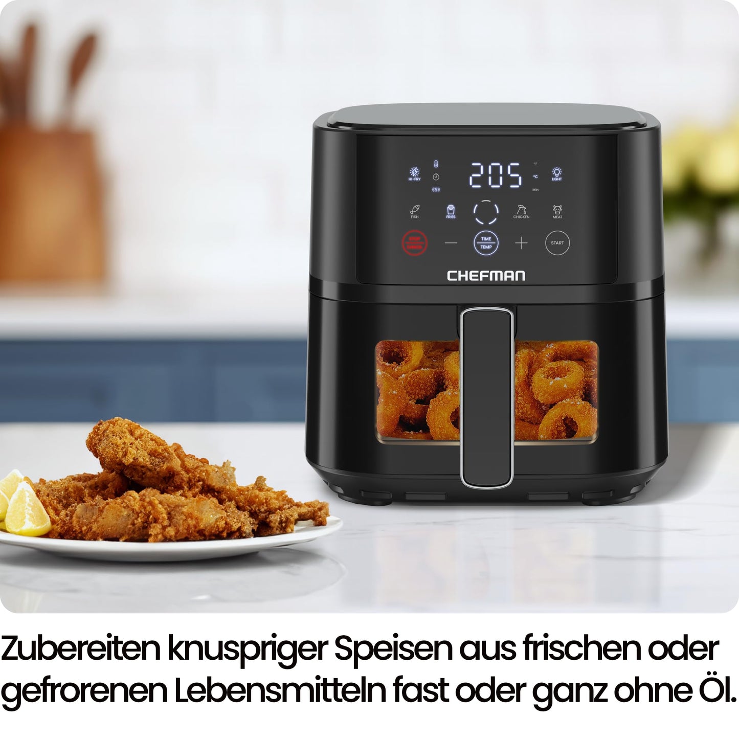 Chefman Hot Air Fryer - 3.75 L Compact Hot Air Fryer for Quick Meals, with Hi-Fry Technology, Viewing Window, Touch Controls, Non-Stick and Dishwasher Safe - Black