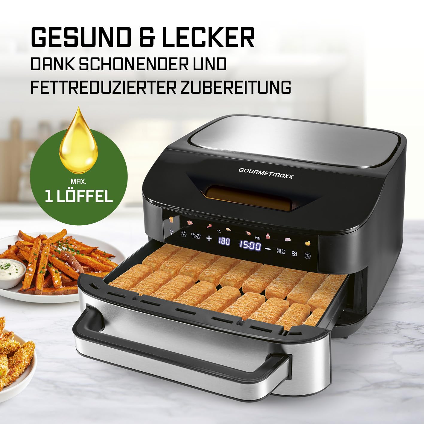 GOURMETmaxx Digitale Heißluftfritteuse 12 L, XXL-Edelstahl-Ofen | Airfryer + Timer, Touchdisplay, Drehspieß | fettarm, energiesparend frittieren | 10 Programme inkl. Pizza | 1800 W