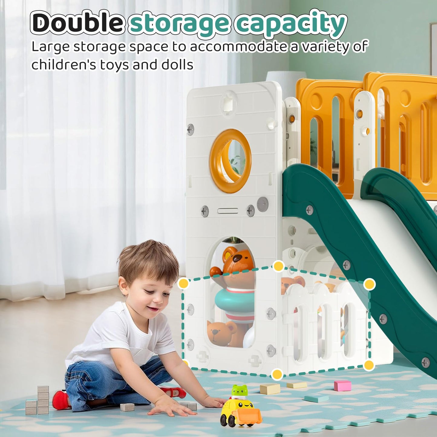 MAMIZO 9-in-1 Children's Slide, Children's Slide with Climbing Frame, Indoor and Outdoor Slide with Basketball Hoop and Telescope, Tunnel, Storage Space, Garden Slide, Children's Playground, with 2