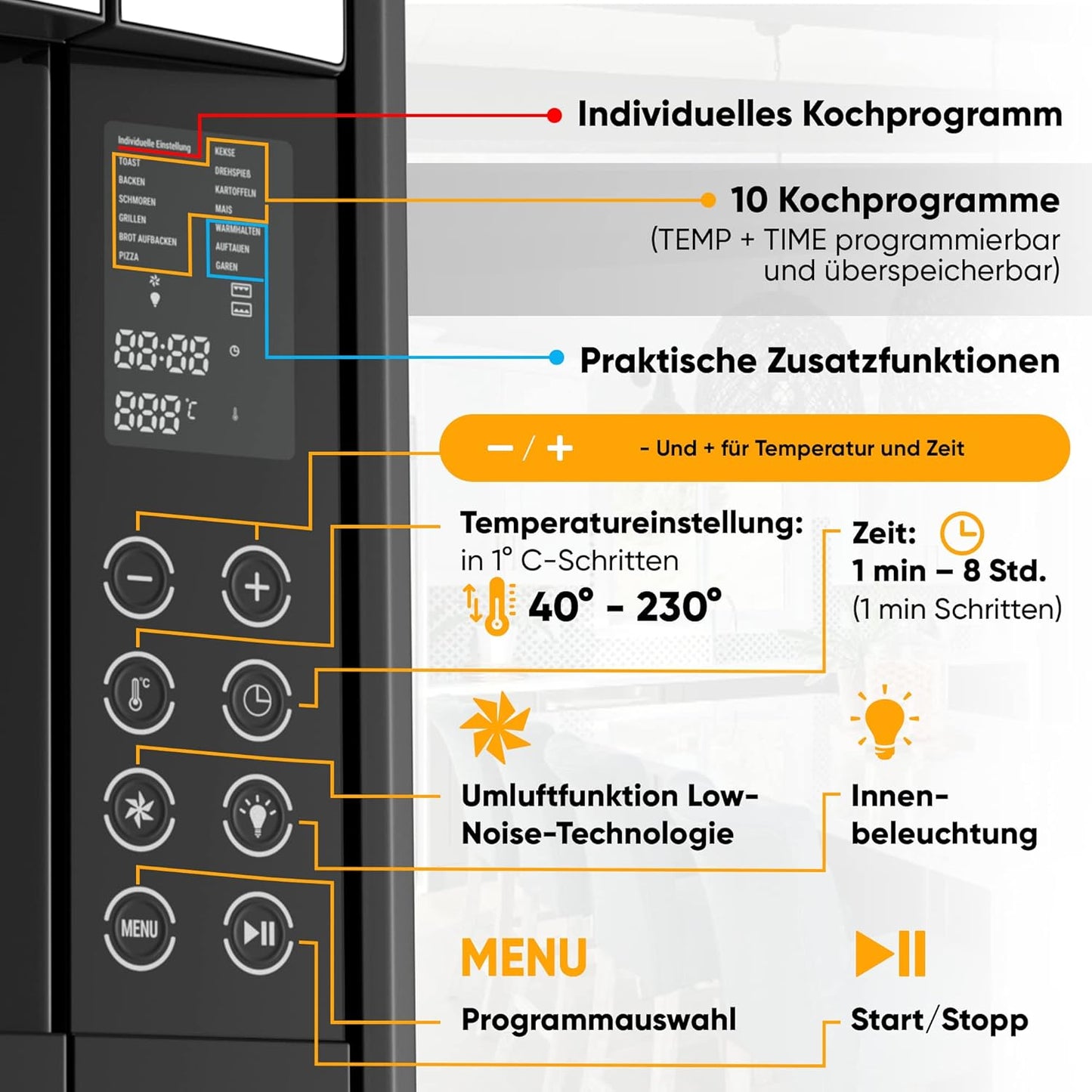 Digital Mini Oven With Convection (35 Litres) Oven Gloves ✓ Recipe Book ✓ Double Glass Door ✓ 1600W ✓ LED Display ✓ 13 Programmes ✓ Rotating Spit ✓ Crumb Tray ✓ Timer ✓ Interior lighting