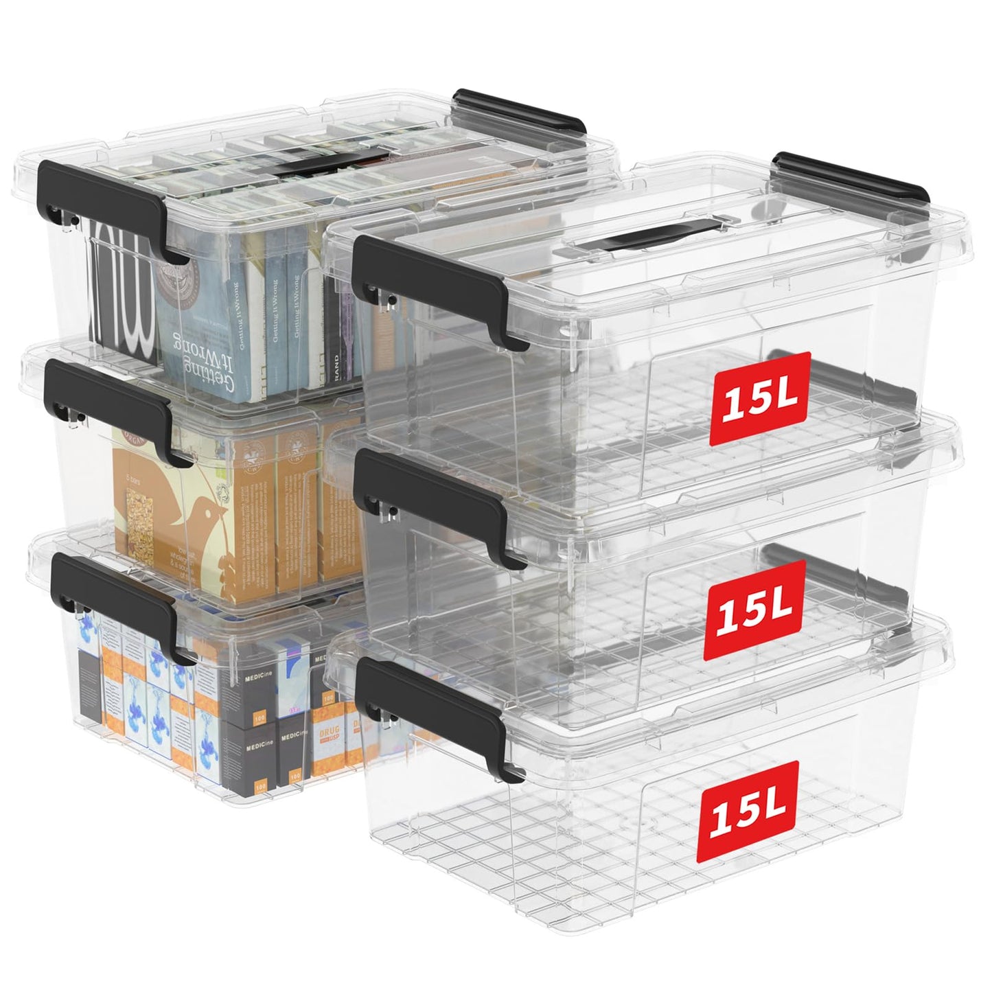 Cetomo 45 L x 3 Storage Boxes, Portable Plastic Boxes with Lids, Organiser Container with Handle and Clips, Stackable, Nestable, for Home and Office, Transparent, 45 L, Pack of 3