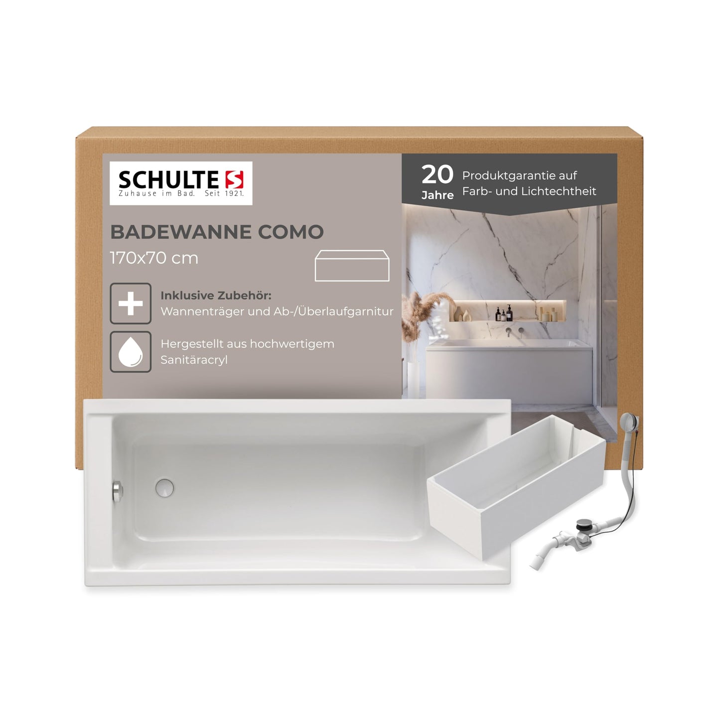 Schulte Como Bathtub 150 x 70 cm Complete with Bath Support and Drain Made of High-Quality Acrylic in Glossy White