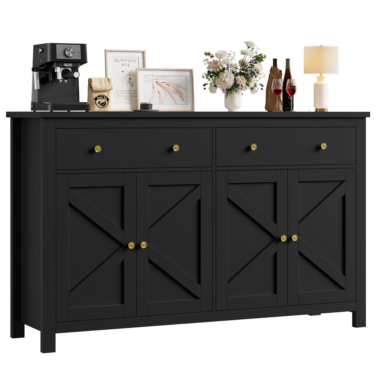 FirFurd Sideboard 140 cm Wide Kitchen Cabinet with Worktop Buffet Cabinet with 2 Drawers 4 Doors Kitchen Buffet with Adjustable Shelves for Living Room Kitchen Dining Room 140 x 40 x 89 cm White