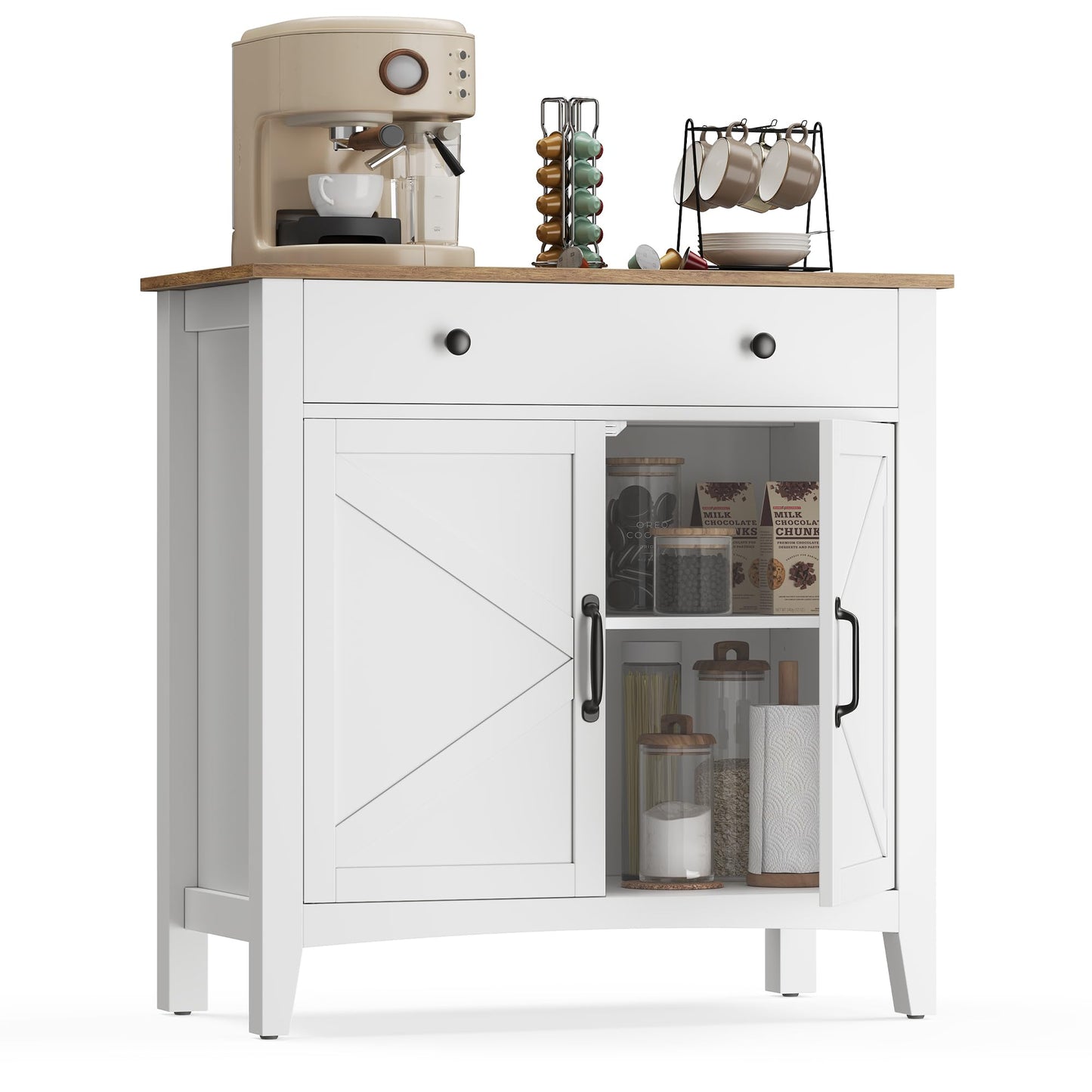 VASAGLE Kitchen Cabinet, Sideboard with Drawers, Storage Cabinet with Doors, Adjustable Shelf, Country House Style, for Living Room, Kitchen, 40 x 80 x 80 cm, Cloud White/Honey Brown BBK341W02